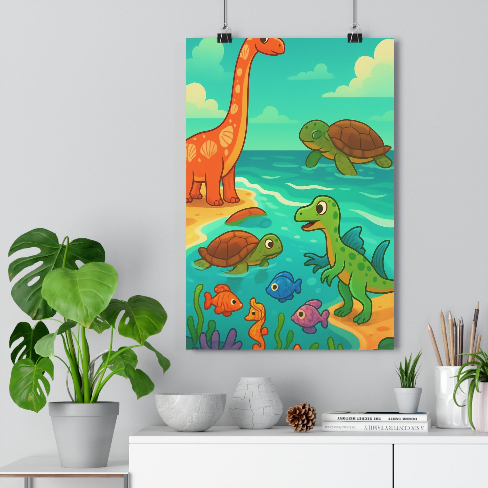 Poster décoratif cartoon dinosaure orange turquoise vert joyeux enfant chambre créatif 30x46 amusant marin