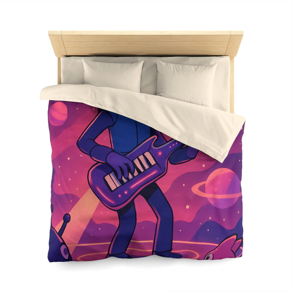 Housse de couette colorée avec astronaute jouant de la guitare dans l’espace cosmique magique