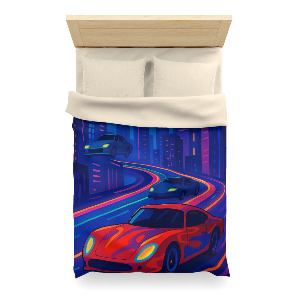 Housse de Couette Ville Futuriste avec Voiture Rouge et Lumières Néon