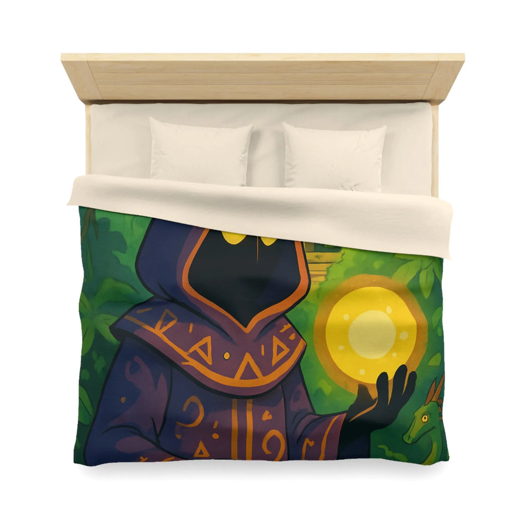 Housse de couette ambiance mystique avec mage sombre dans jungle énigmatique et temple ancien