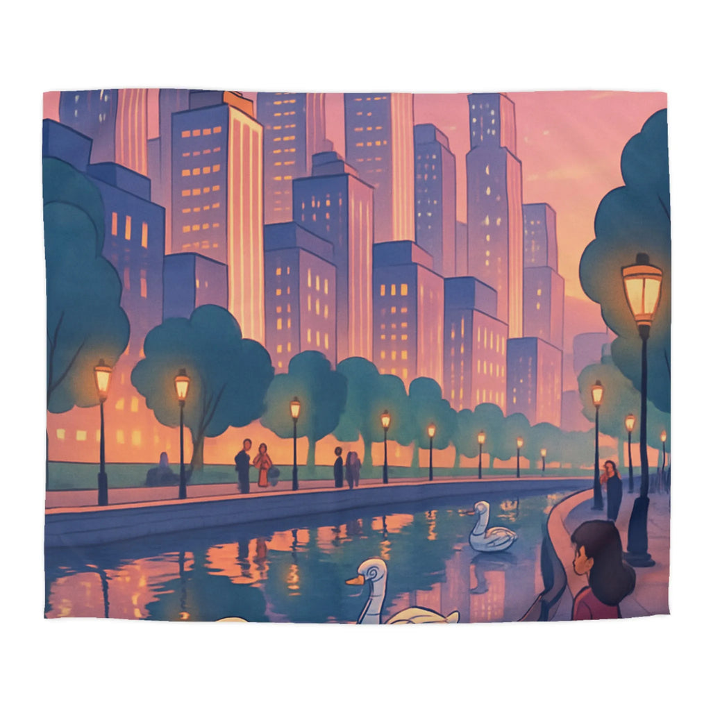 Housse de couette illustrée avec cygnes et skyline urbaine au coucher du soleil