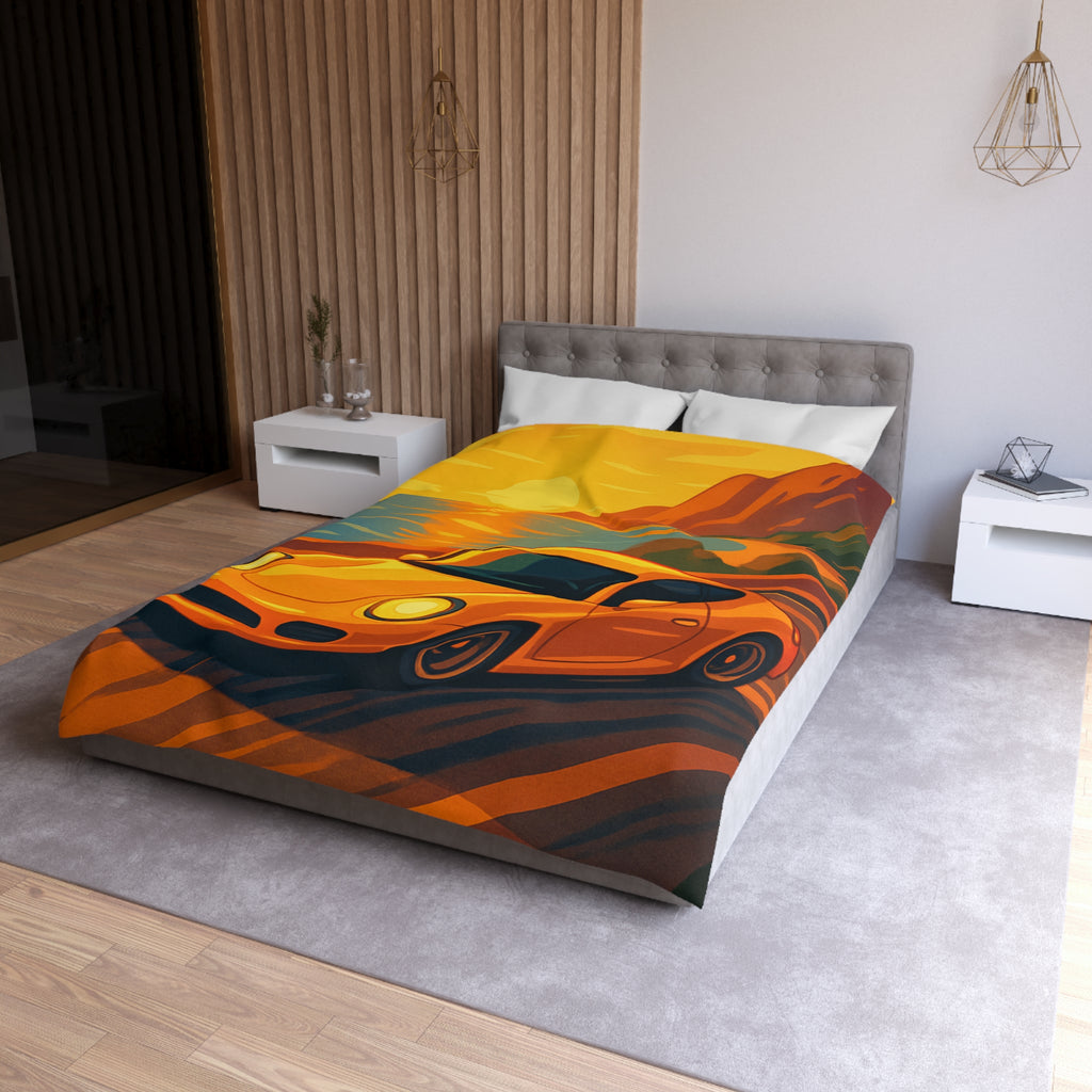 Housse de couette voiture sportive orange route côtière coucher de soleil paysage vibrant