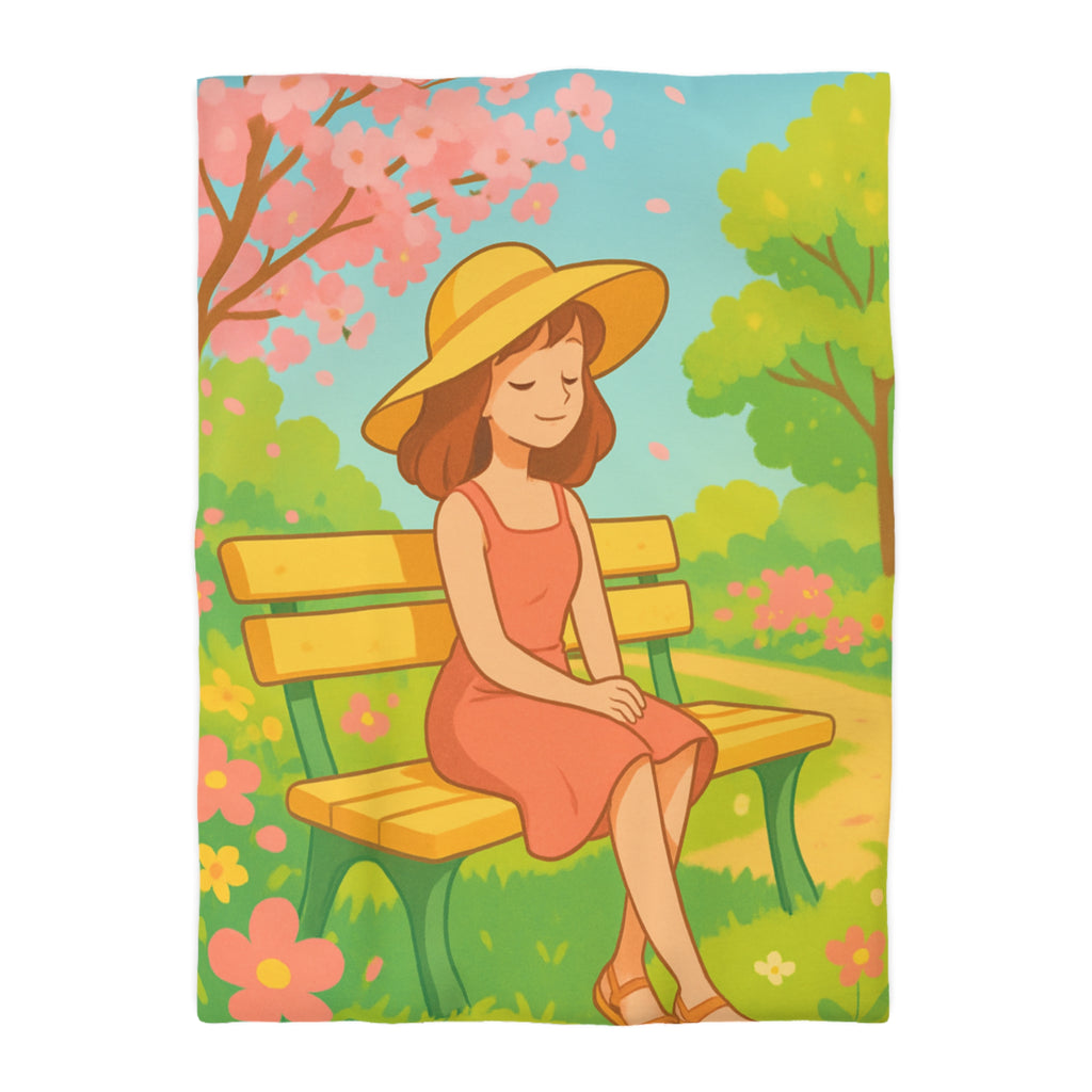 Housse De Couette Motif Printanier Banc Fleurs Ciel Bleu Style Illustration Paisible