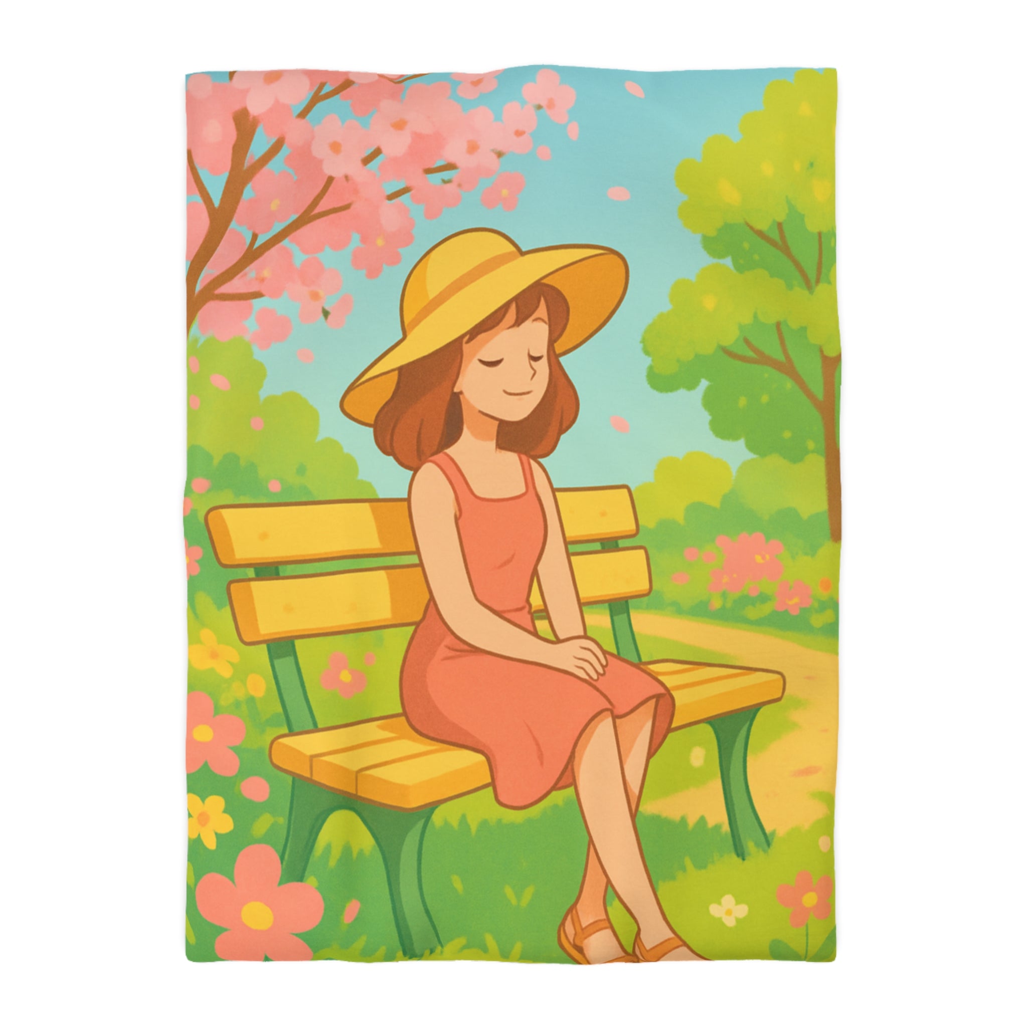 Housse De Couette Motif Printanier Banc Fleurs Ciel Bleu Style Illustration Paisible