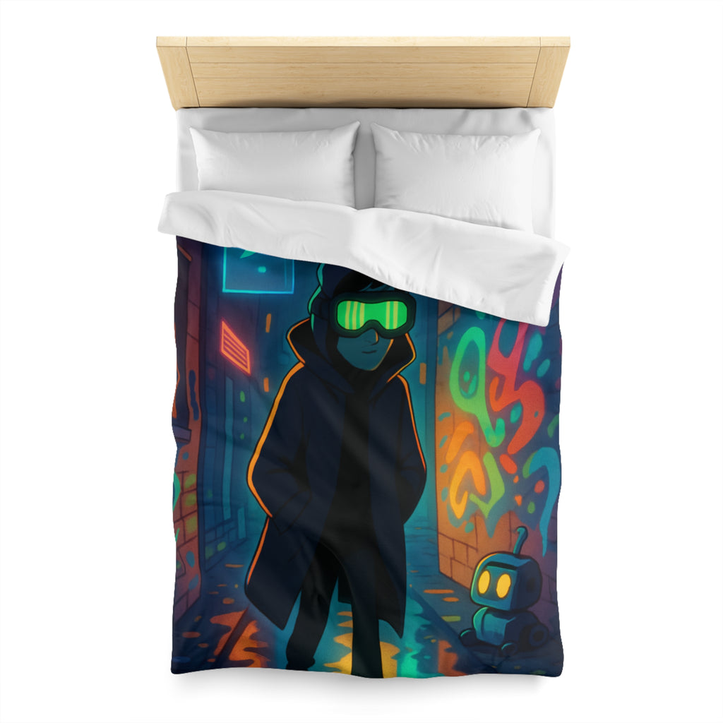 Housse de couette néon, ruelle urbaine cyberpunk avec technologie futuriste et graffitis colorés