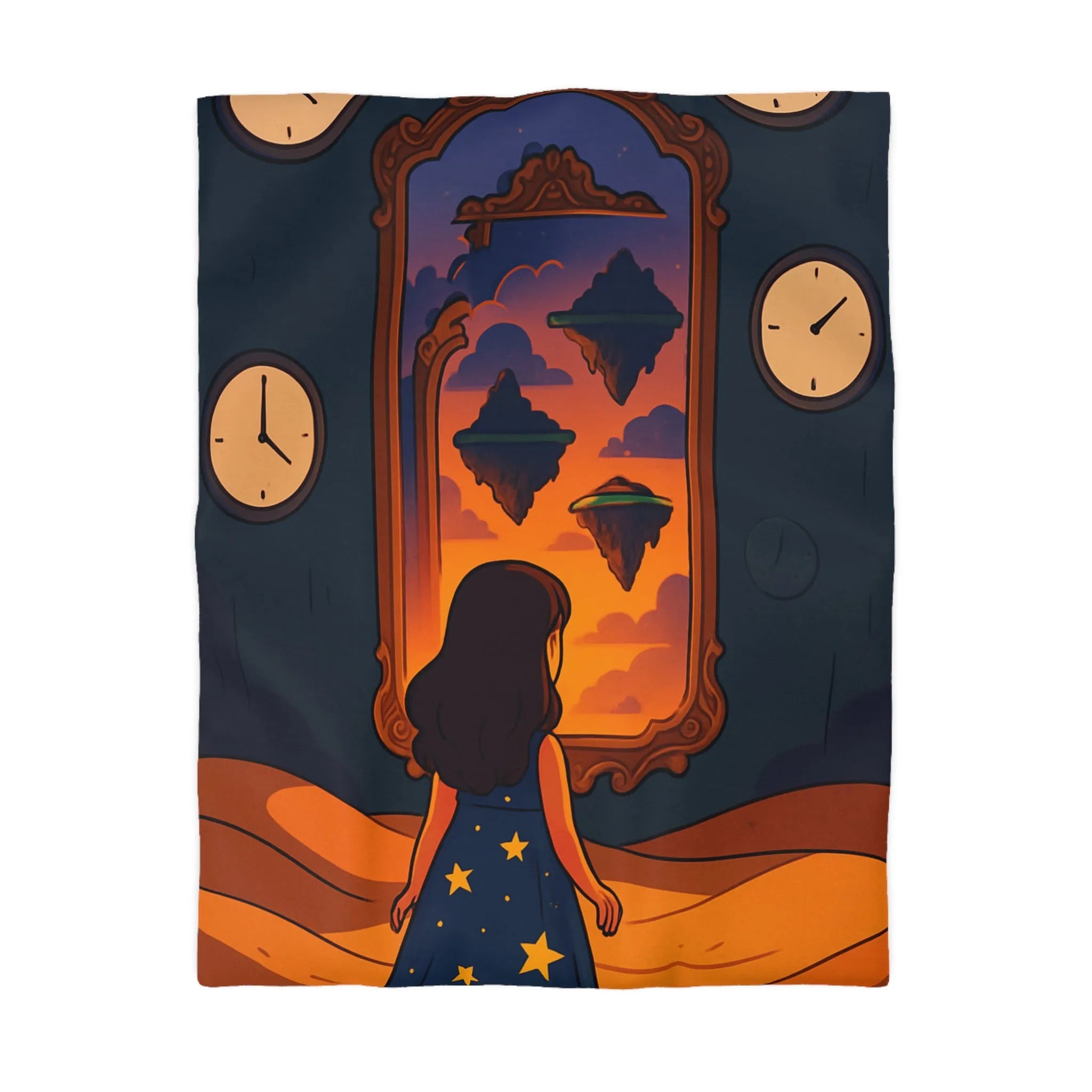 Housse de couette magique: paysage flottant, horloges rêveuses et fille contemplative