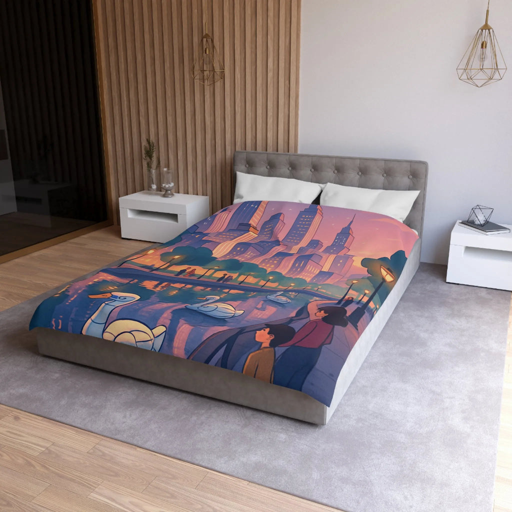 Housse de couette illustrée avec cygnes et skyline urbaine au coucher du soleil