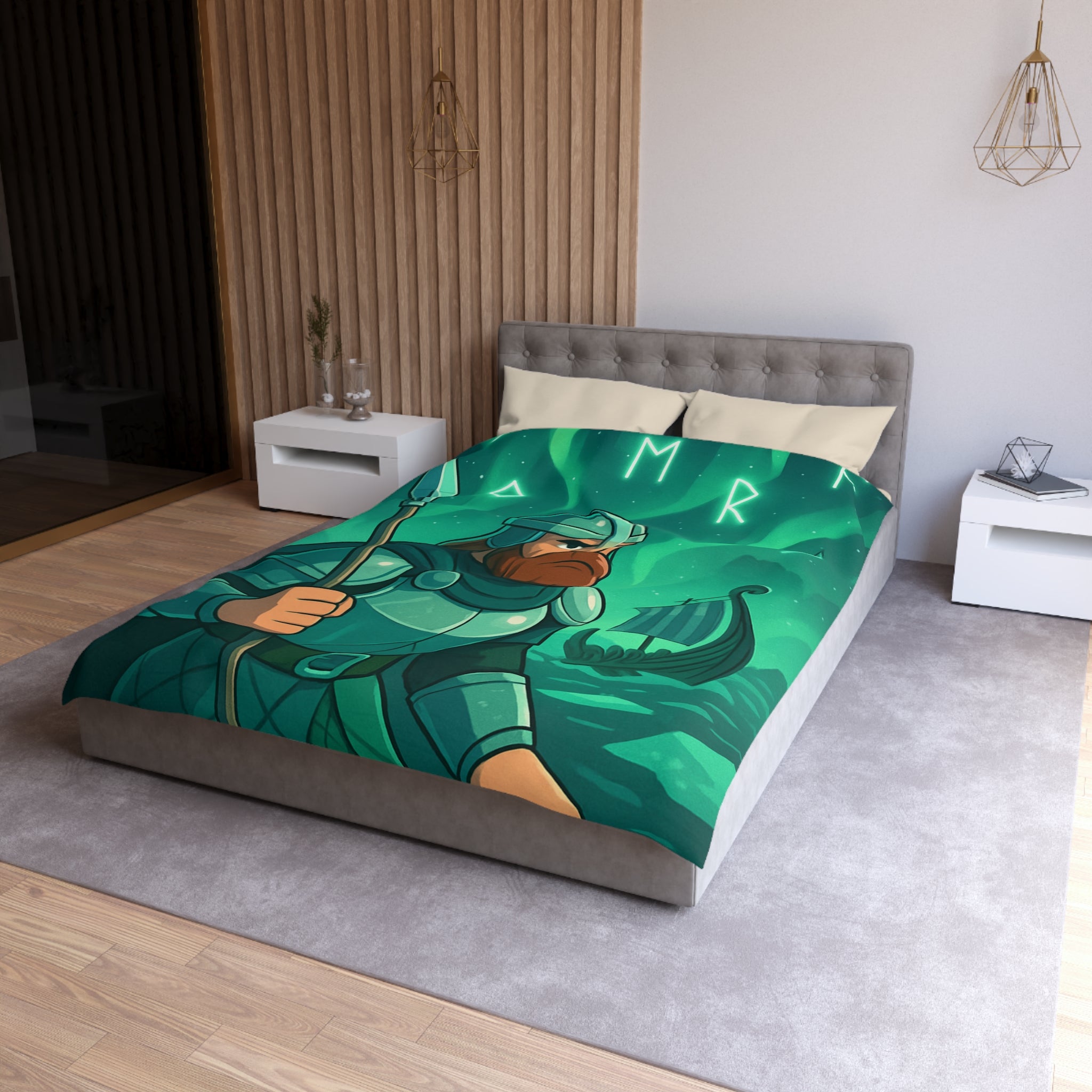 Housse de Couette Viking Vert Émeraude avec Guerrier et Aurores Boréales pour Chambre