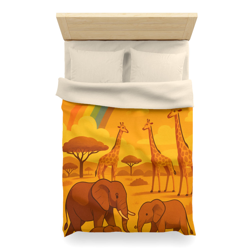 Housse de couette safari enfant avec éléphants, girafes et arc-en-ciel vibrant