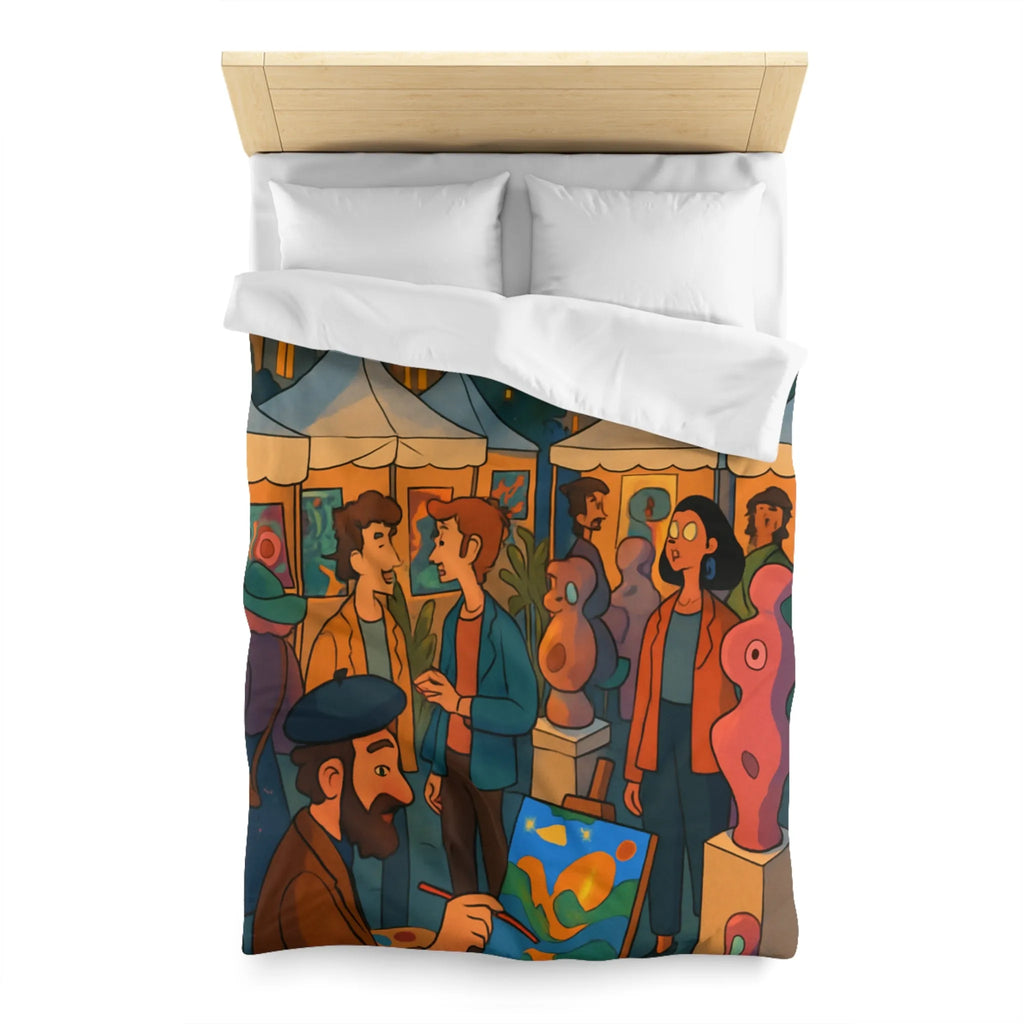 Housse de couette avec scène de marché nocturne animé et sculptures colorées