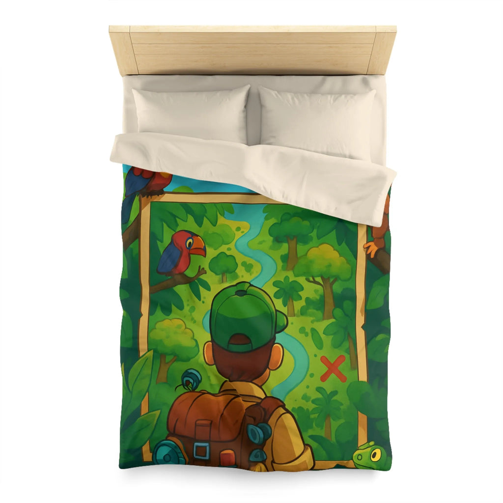 Housse de couette jungle avec enfant explorateur, singe, perroquet et montgolfière colorée