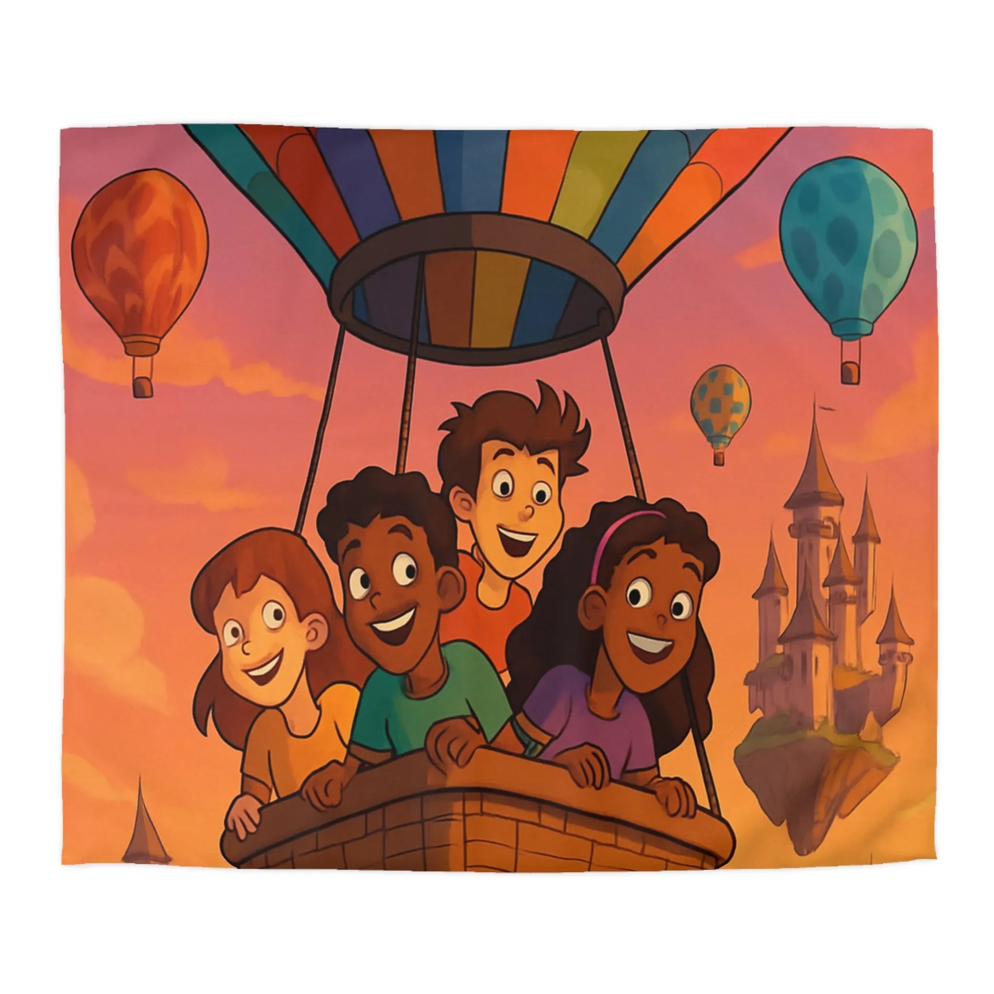 Housse de couette colorée avec enfants dans montgolfière et château en arrière-plan