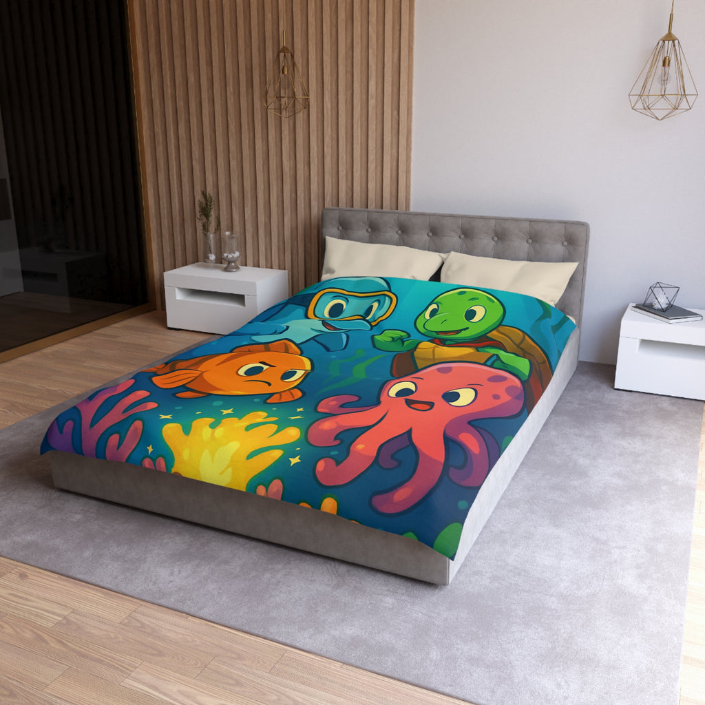 Housse de couette océan joyeux avec dauphin, tortue, poisson et pieuvre colorée