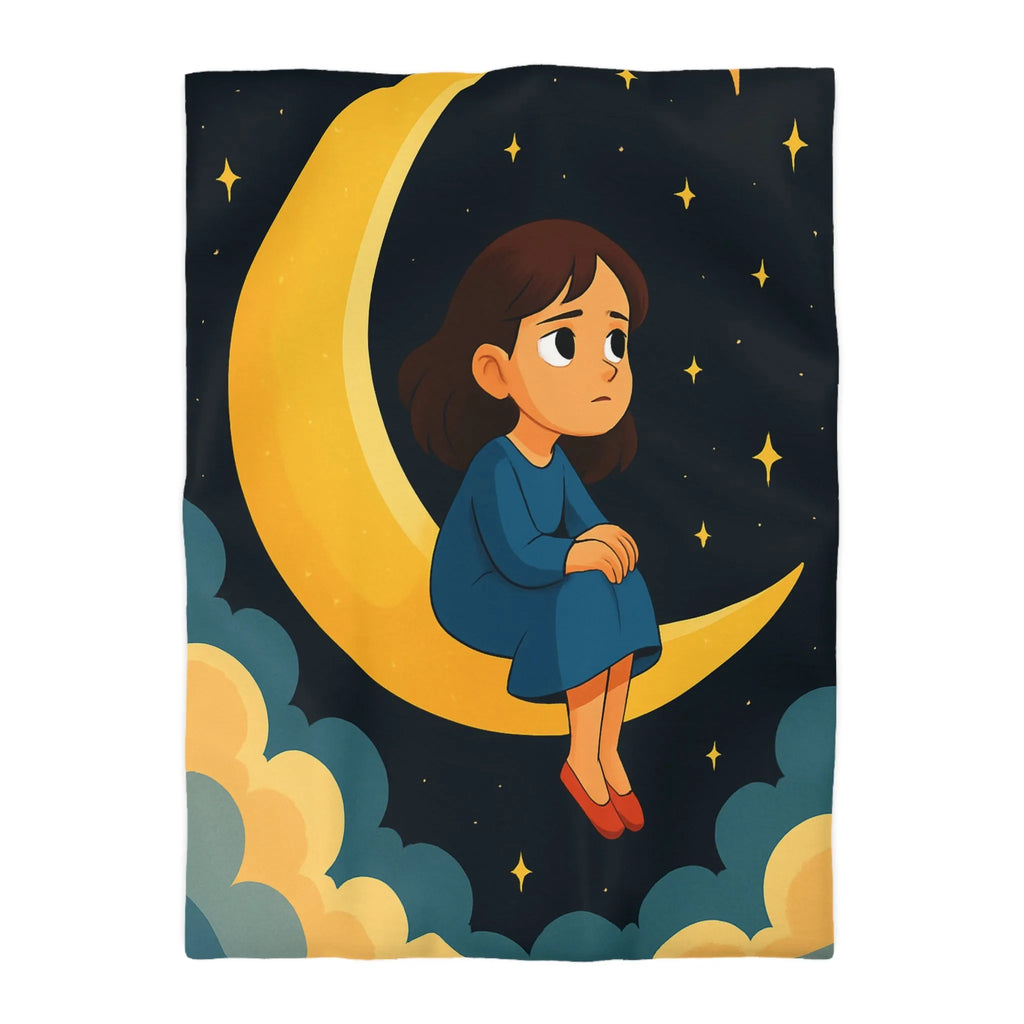 Housse de couette avec lune jaune, ciel étoilé et fille pensive en bleu