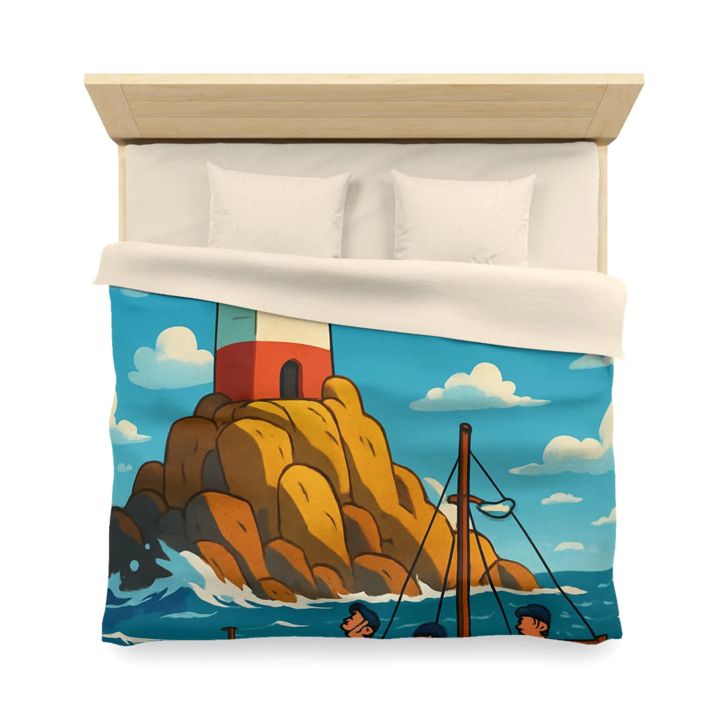 Housse de couette maritime avec phare, bateau et équipage sur mer agitée