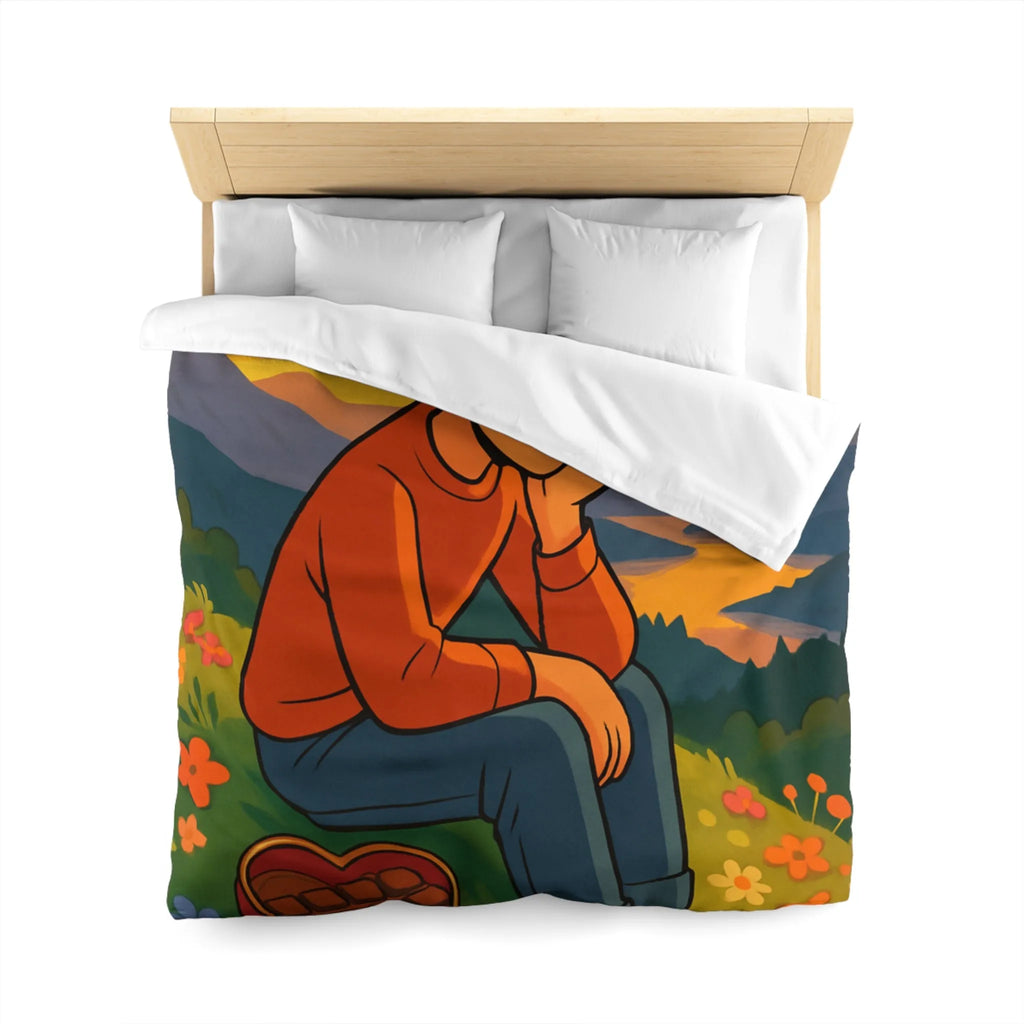 Housse de Couette Illustrée: Paysage Coloré avec Personnage Réfléchi et Coeur en Chocolat