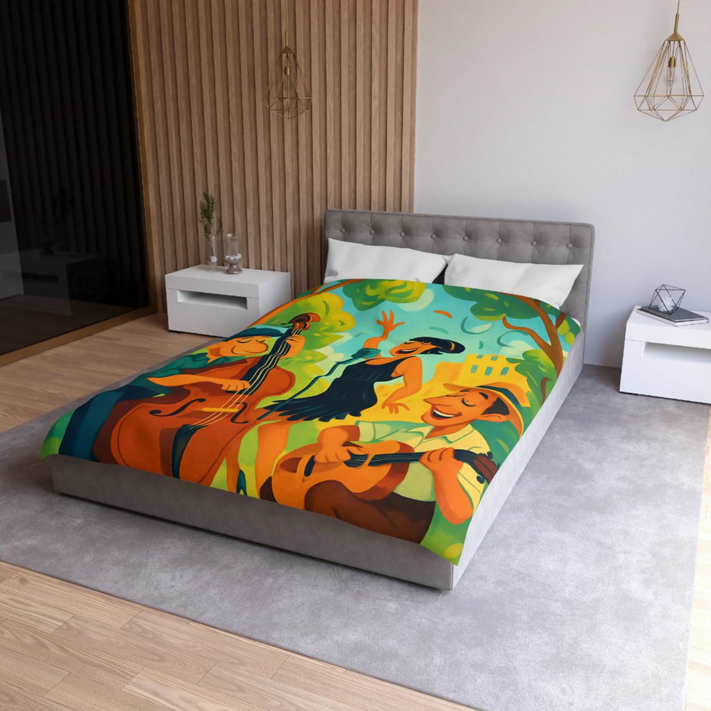 Housse de couette colorée avec scène musicale rétro dans un parc ensoleillé