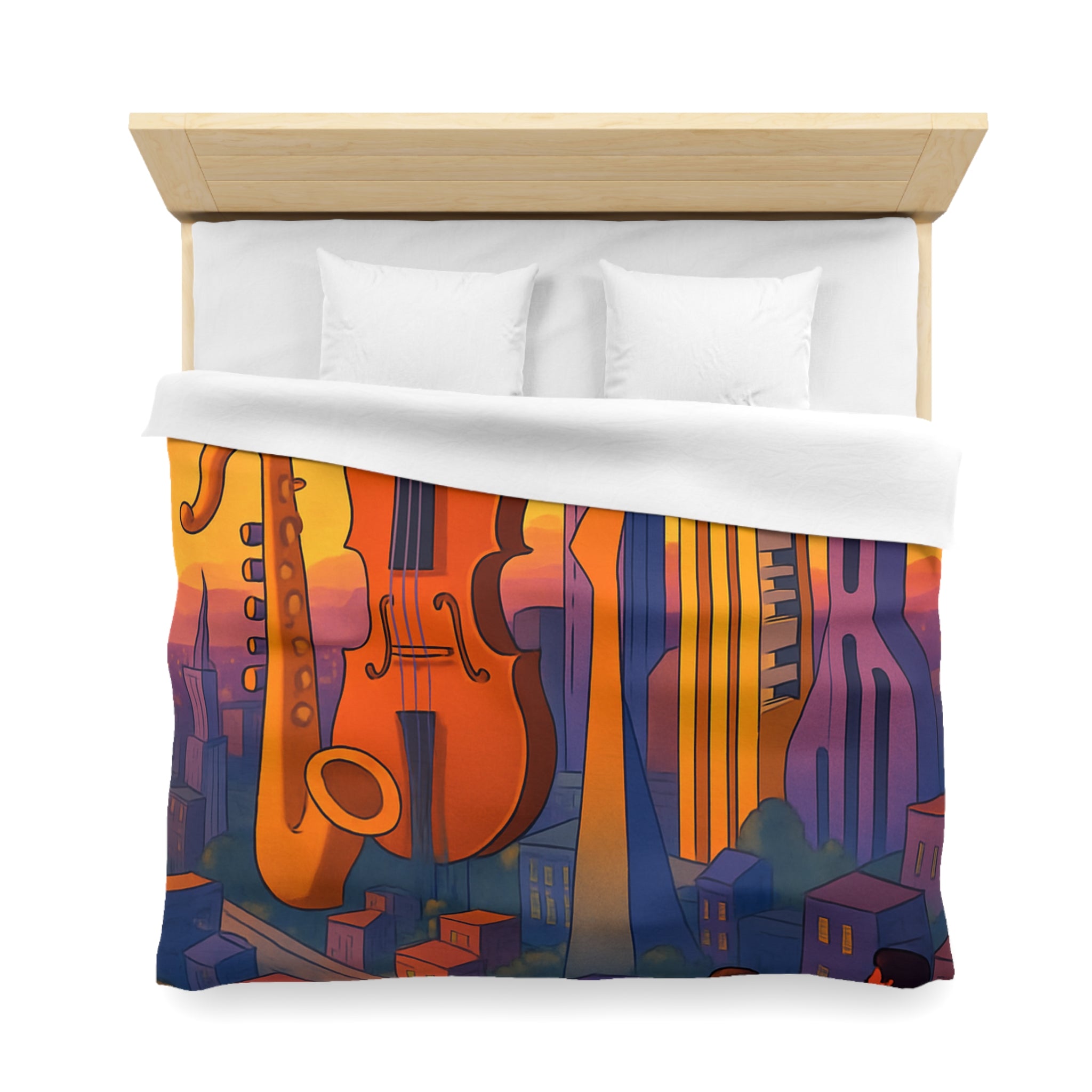 Housse de couette urbaine avec des instruments géants flottant au coucher de soleil vibrant