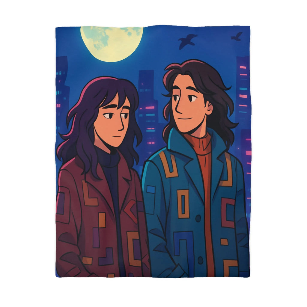 Housse de Couette Artistique avec Design de Ville Nocturne et Lune Éclatante