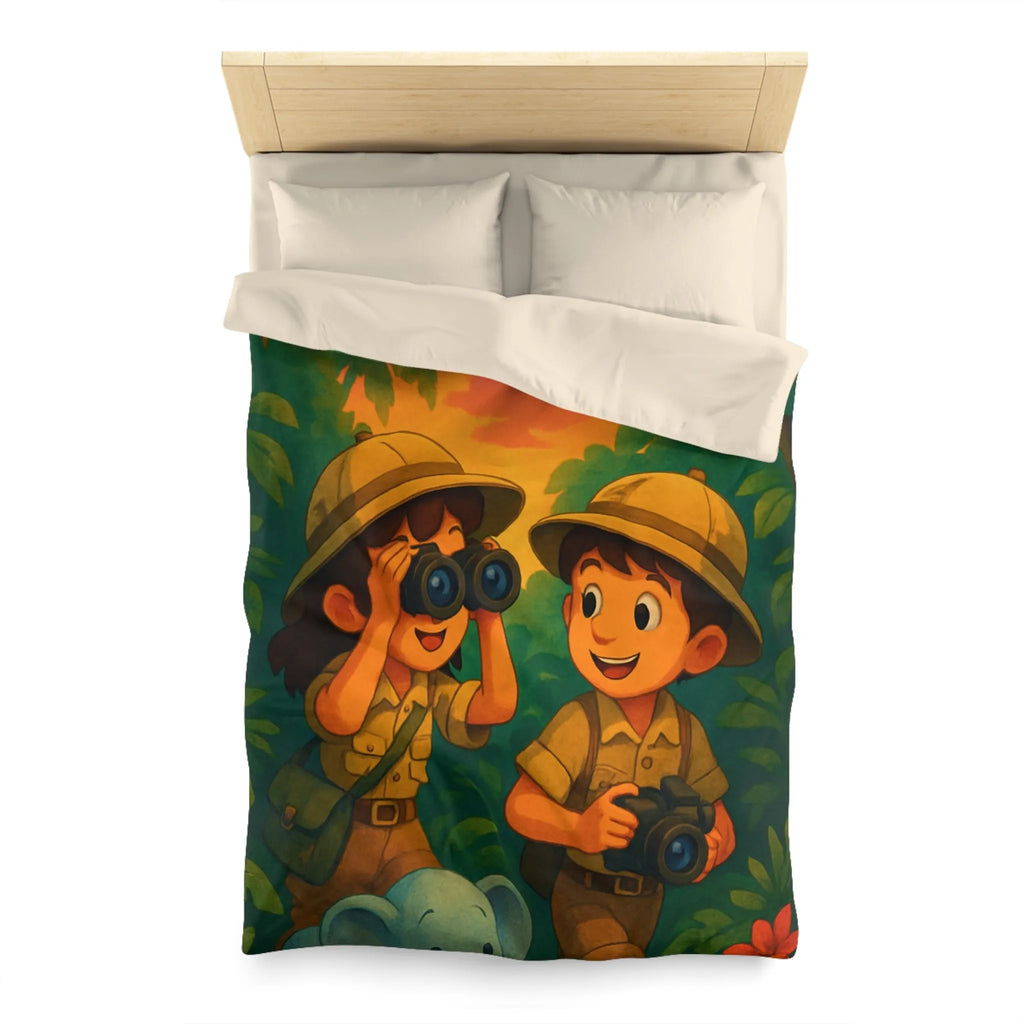 Housse de couette jungle colorée avec enfants explorateurs, perroquet et éléphant mignon