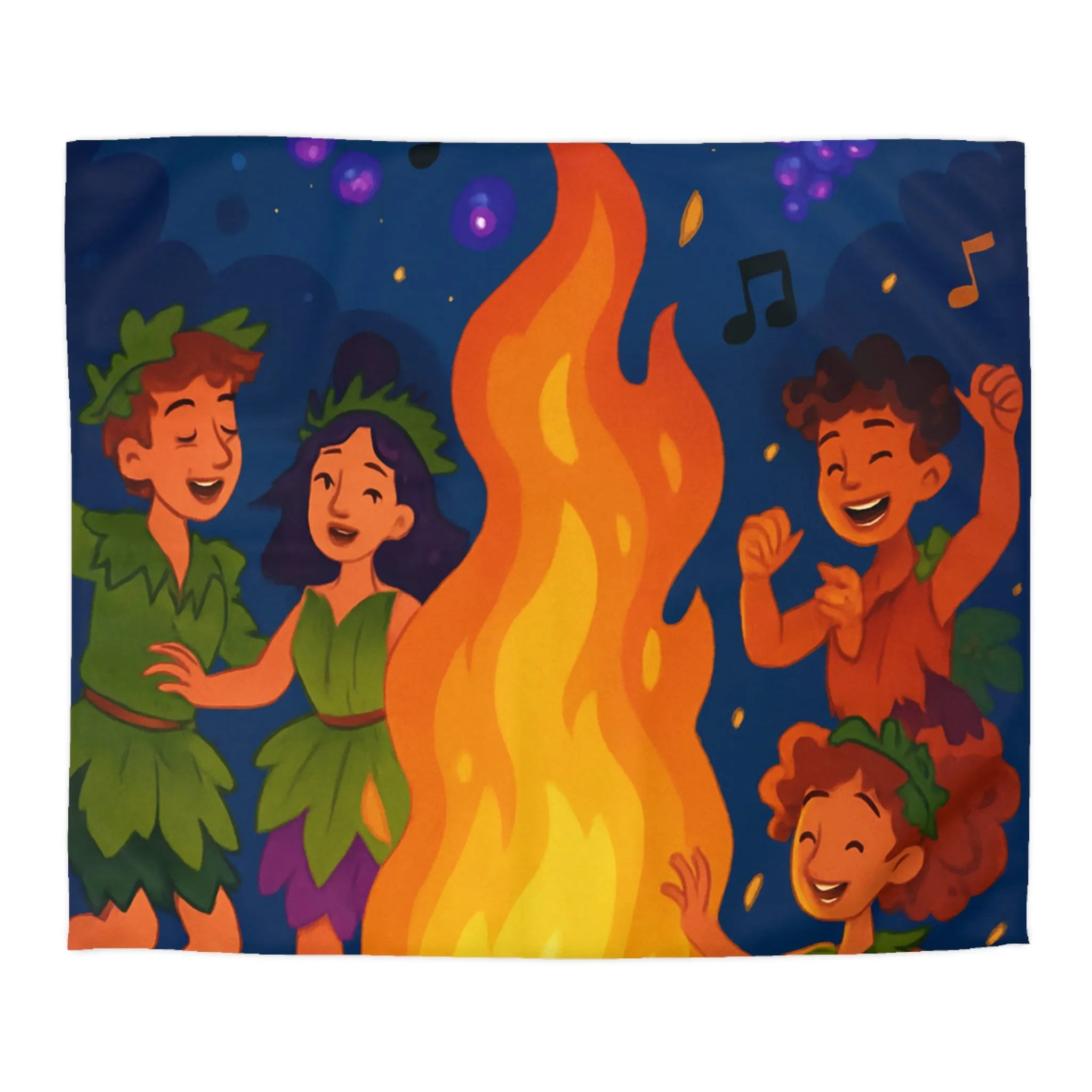 Housse de couette joyeuse autour d'un feu de camp avec enfants et raisins dansants