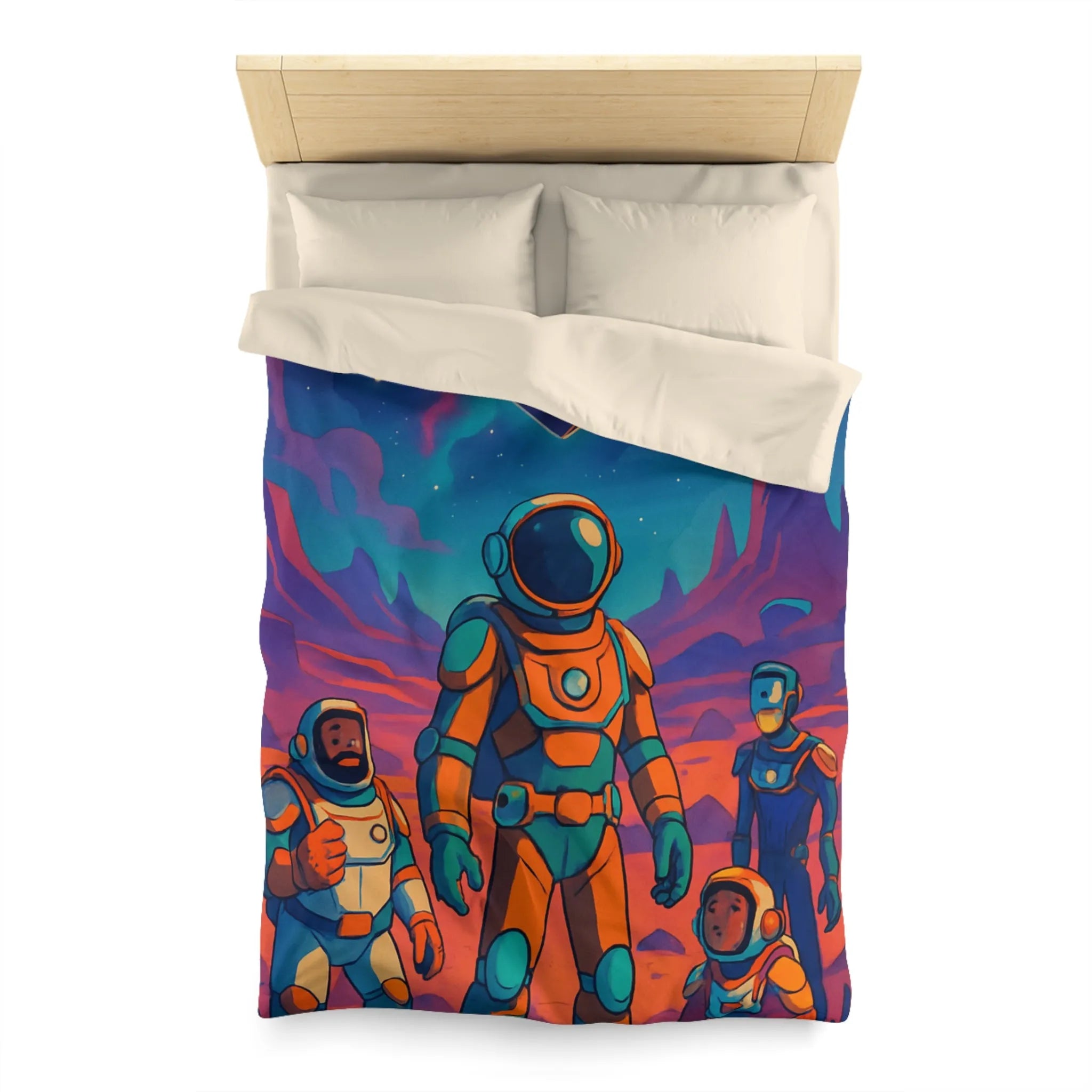 Housse de couette avec des astronautes et formes géométriques sous ciel étoilé coloré