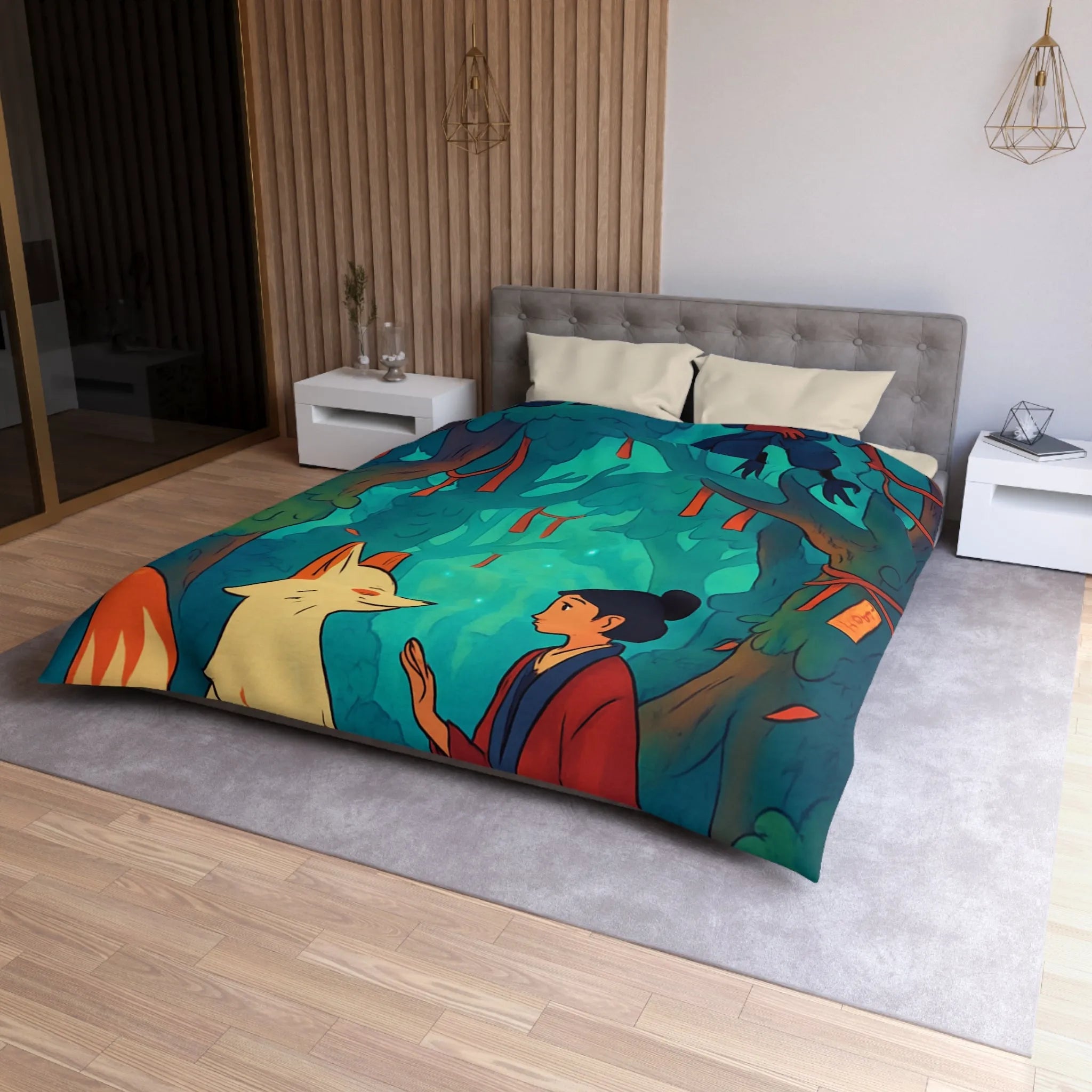 Housse de couette forêt magique avec renard et oiseaux pour chambre paisible