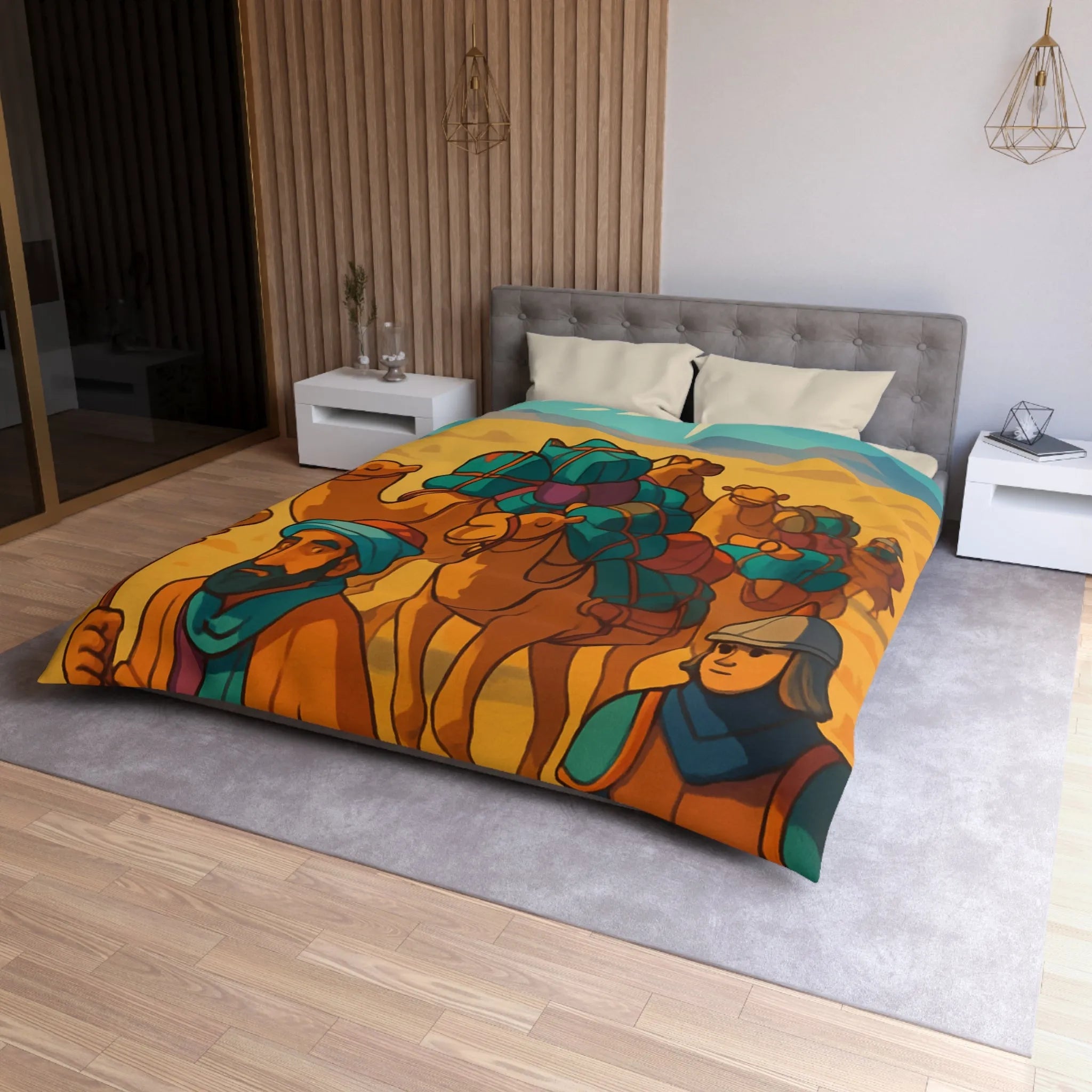 Housse de couette avec caravane de chameaux traversant un désert montagneux en arrière-plan