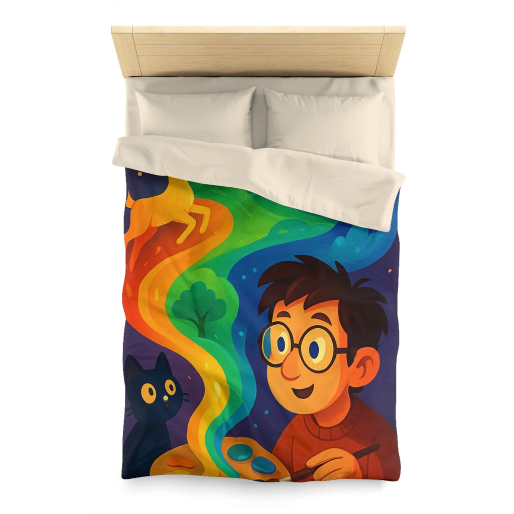 Housse de couette colorée illustrée avec artiste, palette et animaux fantastiques