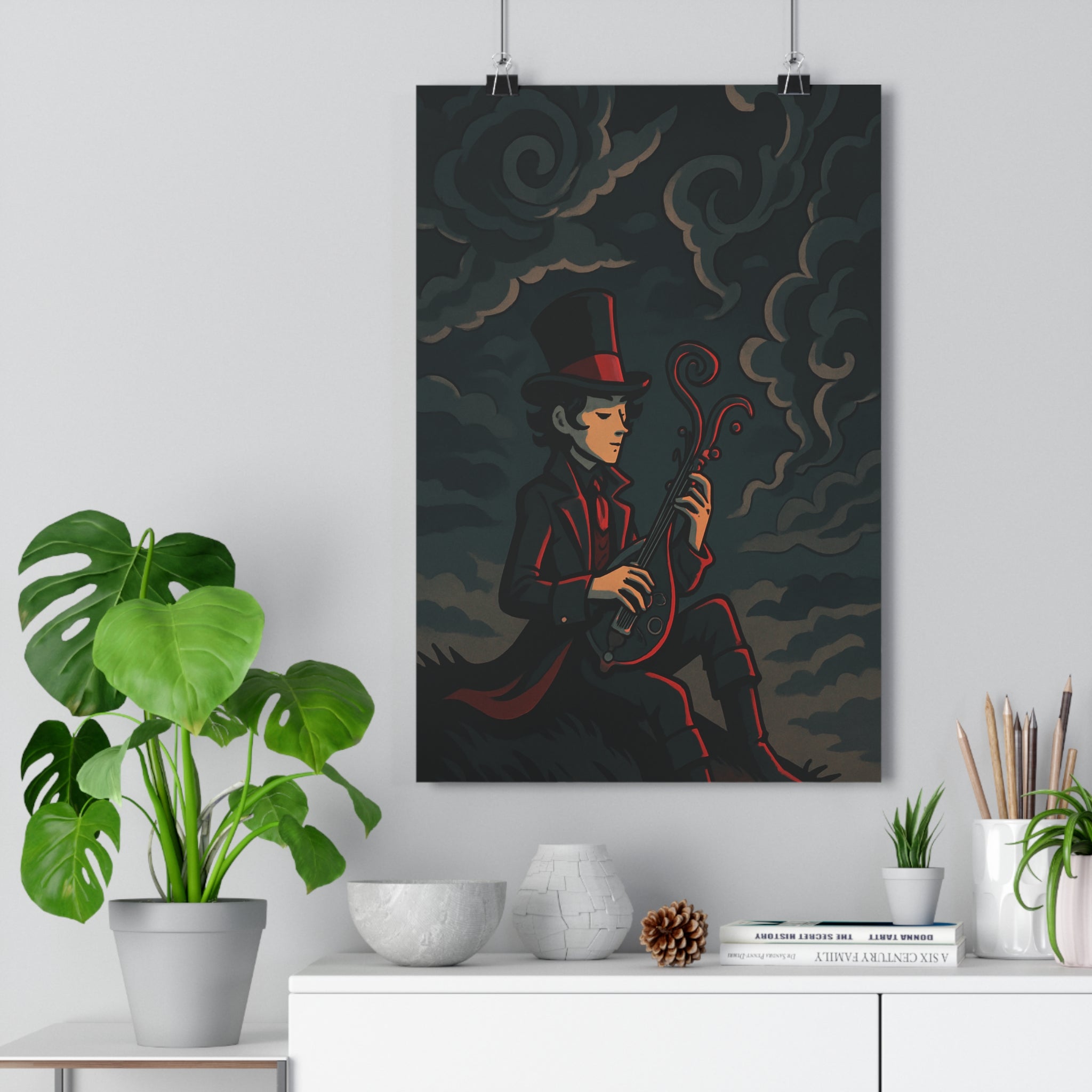 Poster décoratif gothique victorien bleu rouge salon mystérieux dramatique musique homme instrument artistique élégant