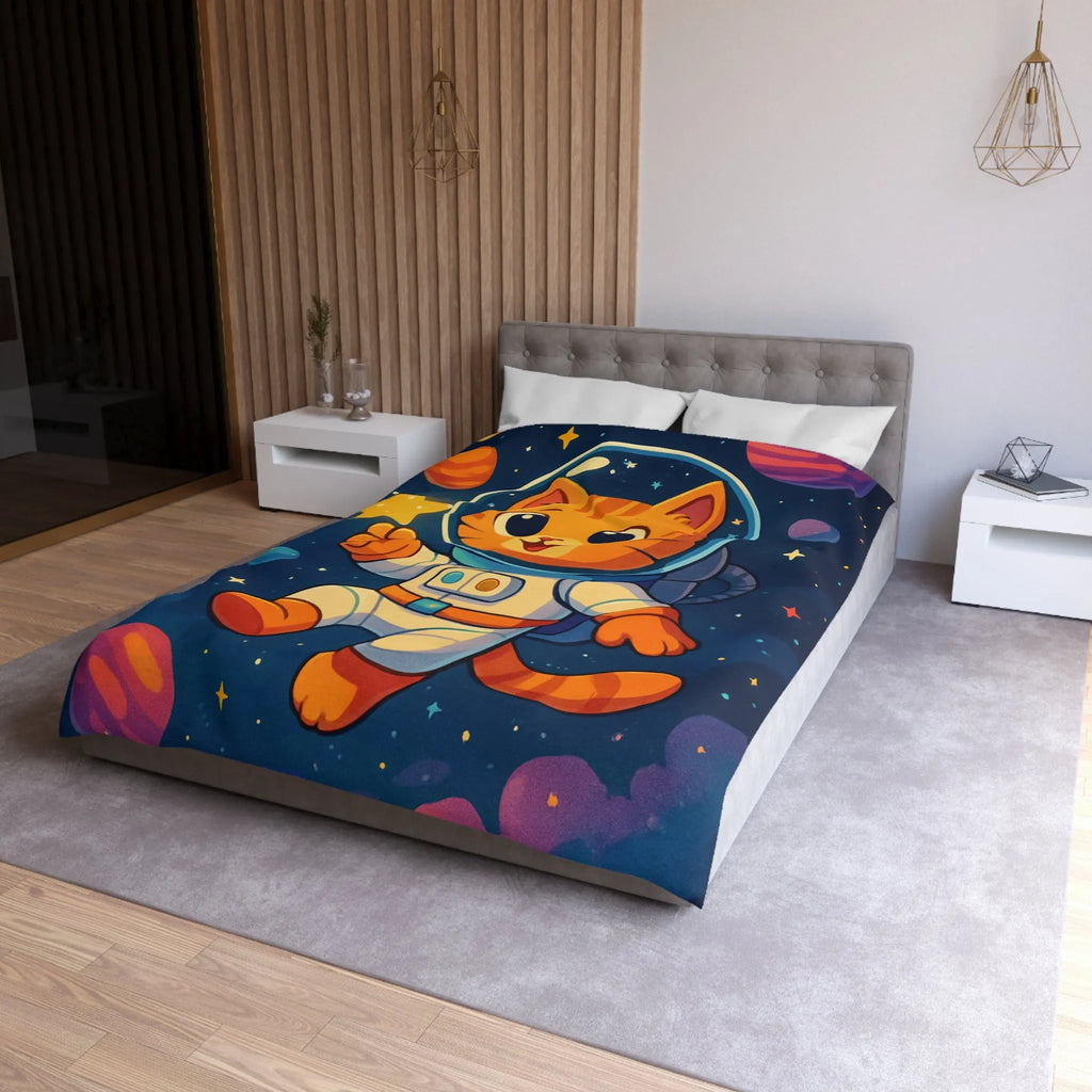 Housse de Couette avec Chat Astronaute et Étoiles dans Espace Coloré pour Enfants