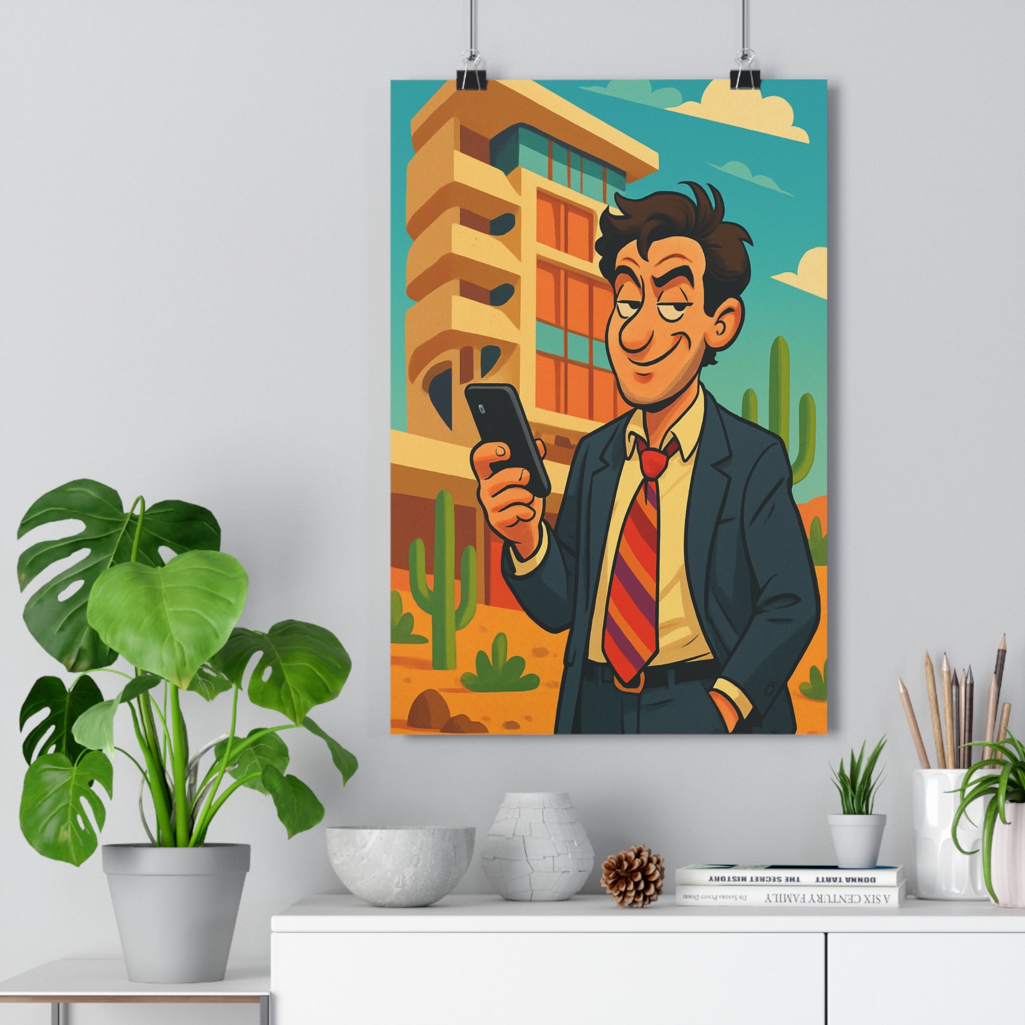 Poster décoratif cartoon stylisé coloré vibrant moderne bureau salon costume cravate personnage bâtiment cactus
