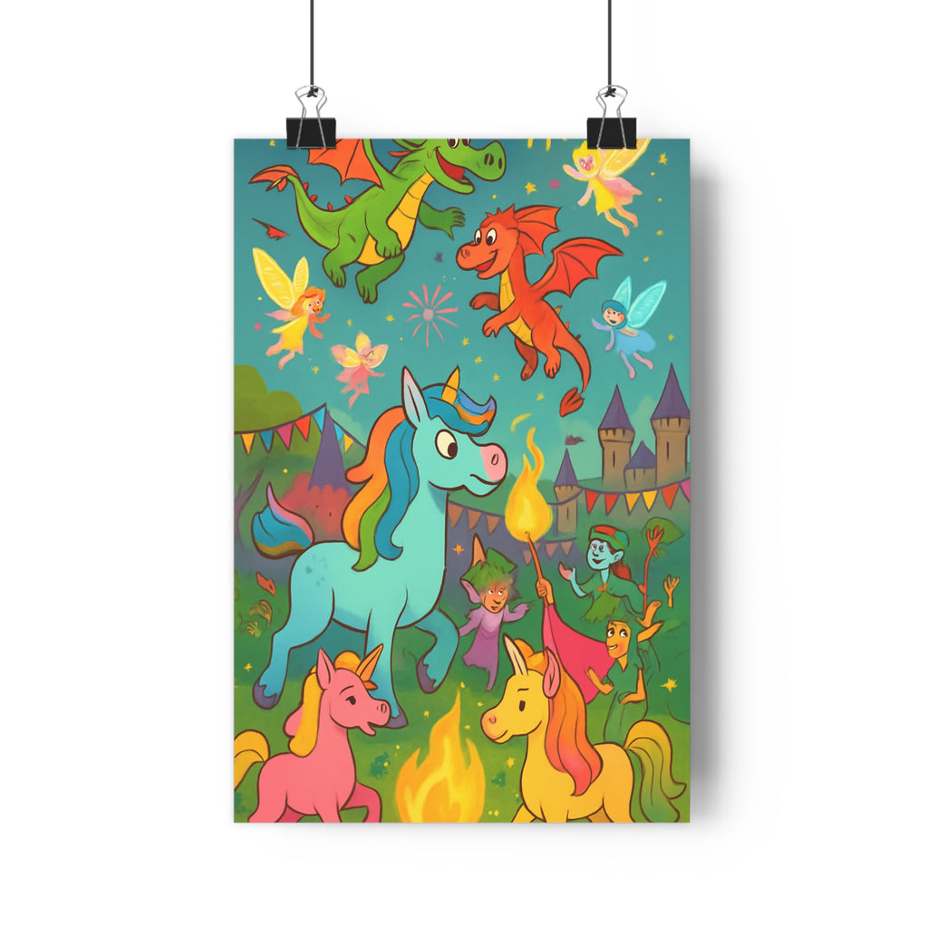 Poster décoratif magique cartoon pastel joyeux chambre enfants créatures dragons licornes fées châteaux étoiles