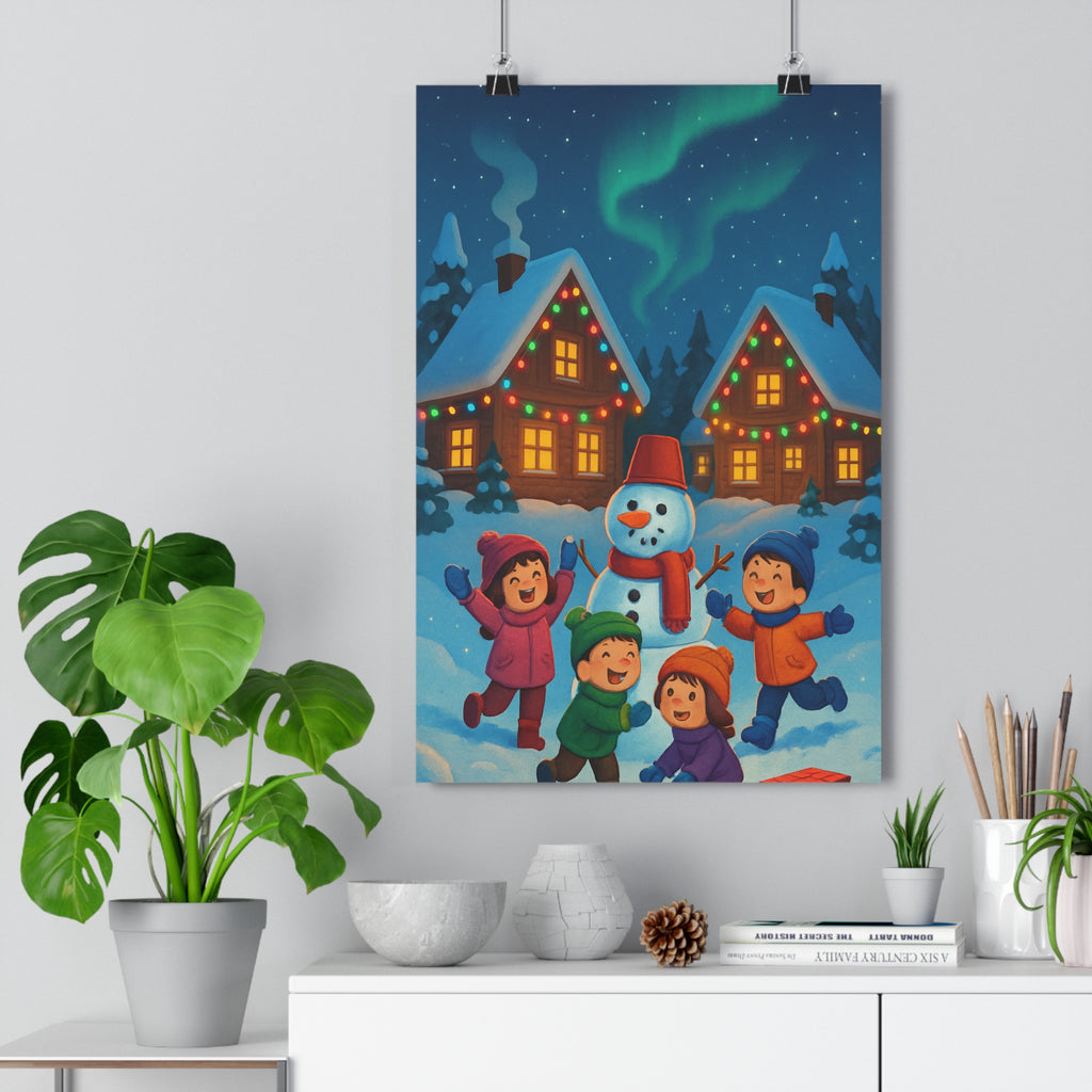 Poster décoratif hiver féérique pastel joyeux enfants neige nuit étoilée magie maison chambre qualité