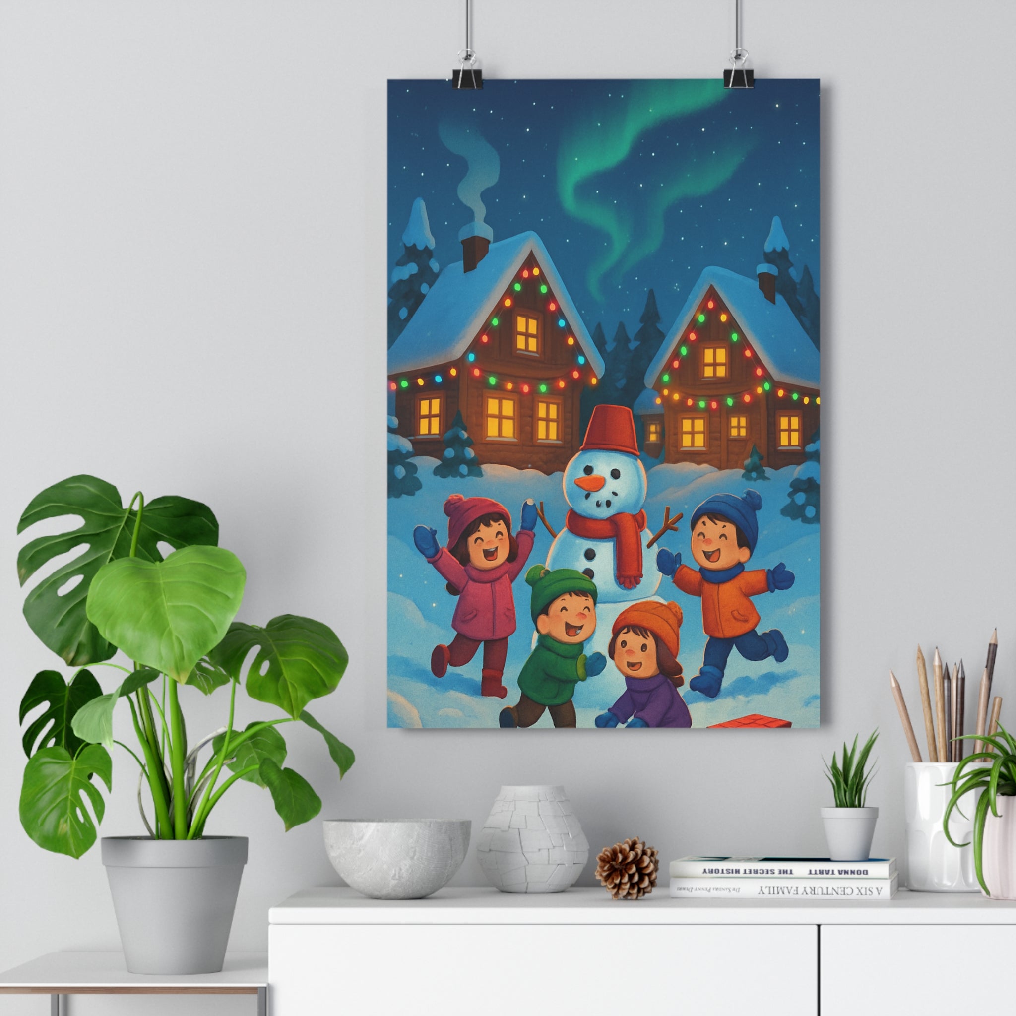 Poster décoratif hiver féérique pastel joyeux enfants neige nuit étoilée magie maison chambre qualité