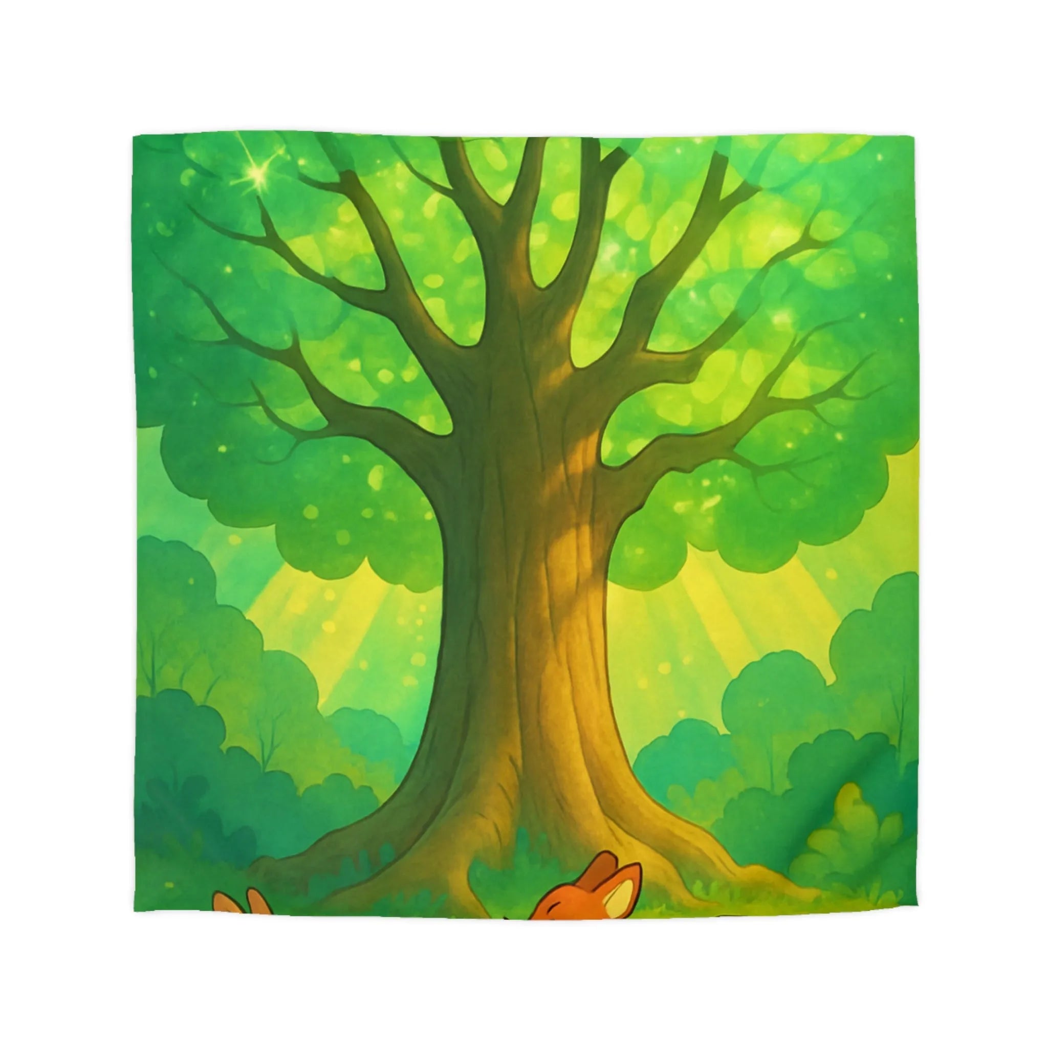 Charmante forêt enchantée avec animaux espiègles sous un majestueux arbre scintillant illustré