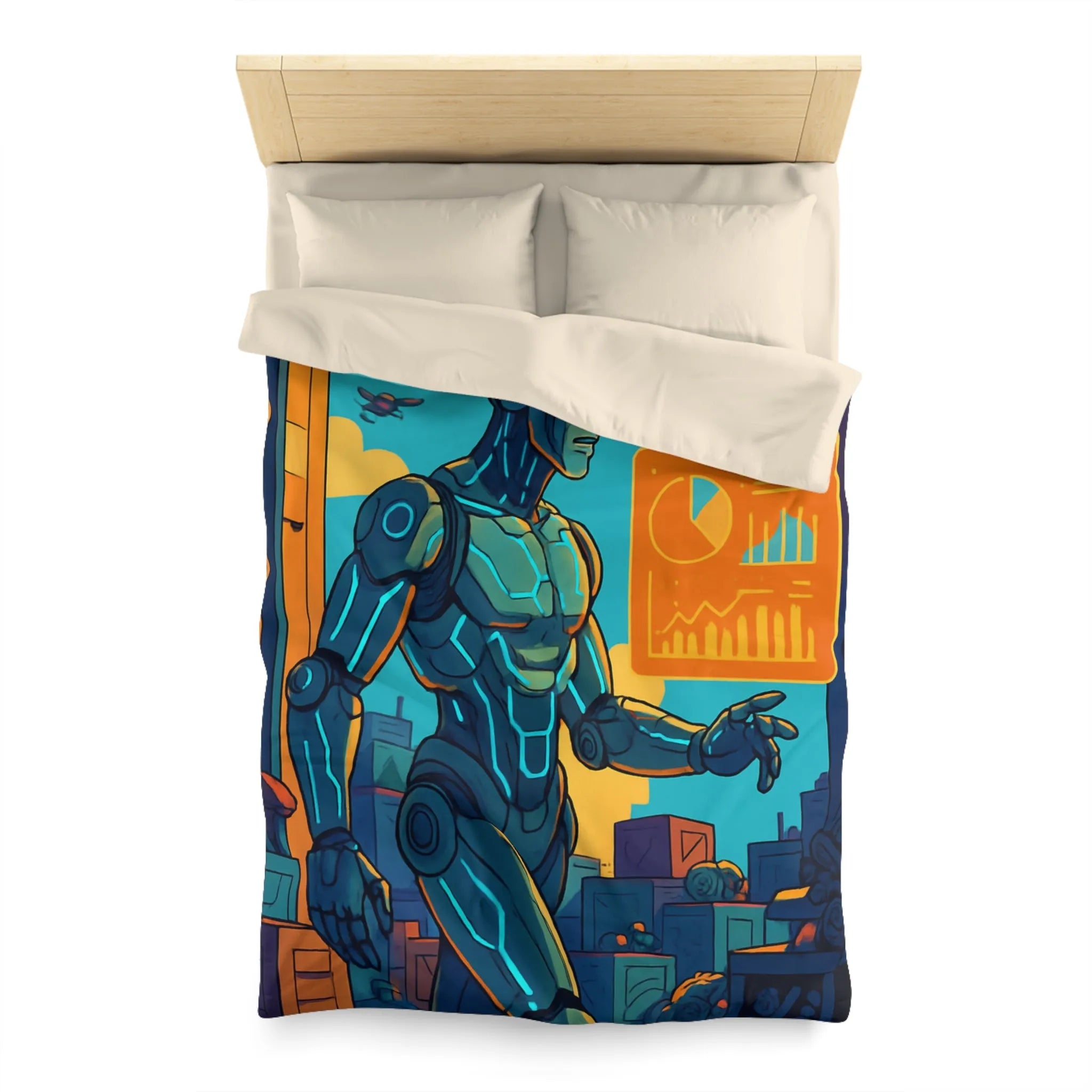 Housse de couette futuriste avec robot et drones, couleurs vives et graphiques modernes