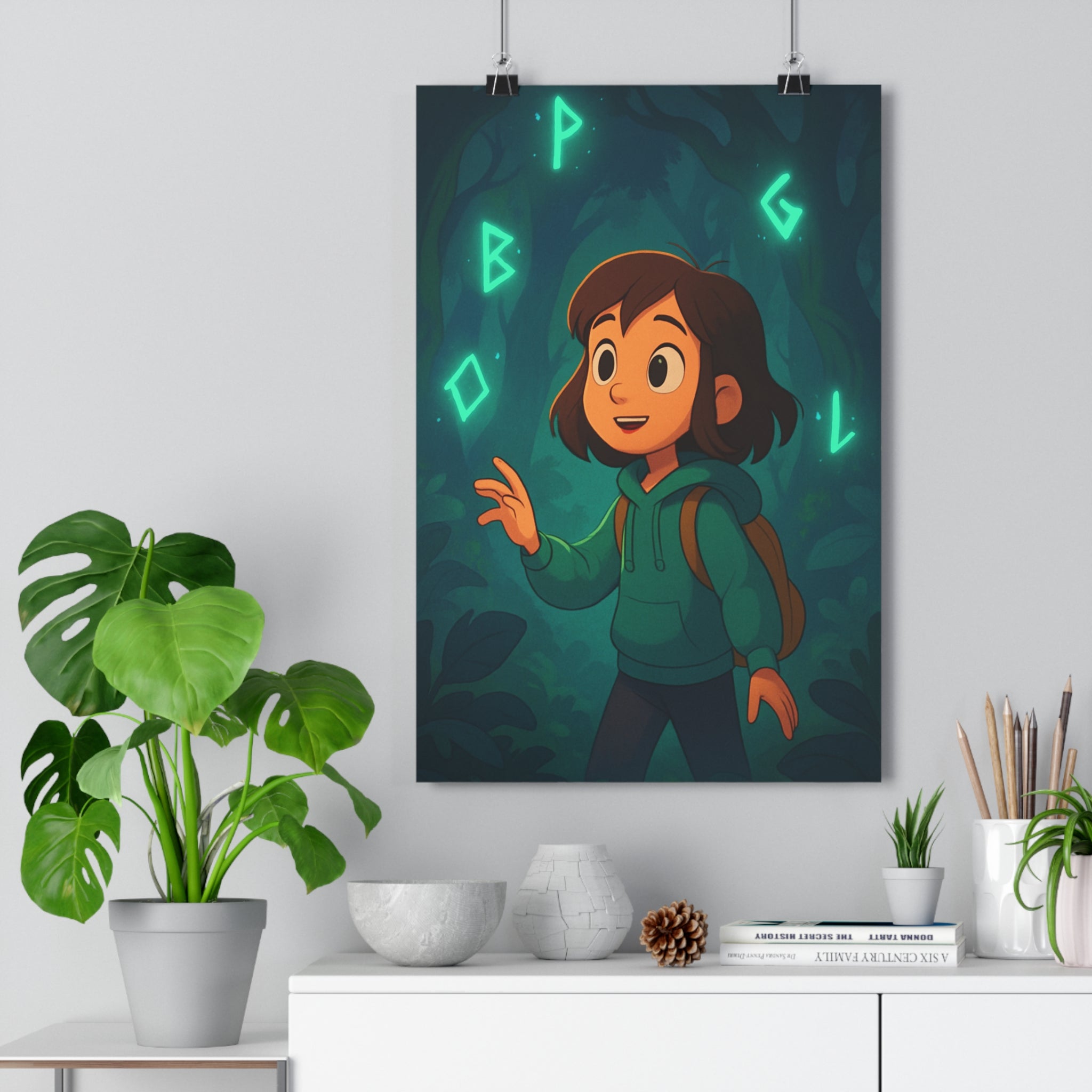 Poster décoratif enfant magique vert bleu cartoon chambre aventure mystique forêt lettres lumineuses 30x46