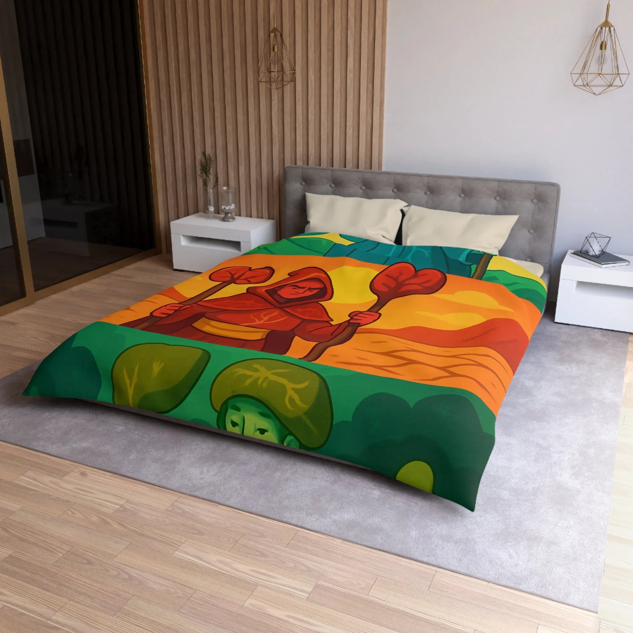 Housse de couette colorée avec trois mages, nature et paysages stylisés, ambiance apaisante