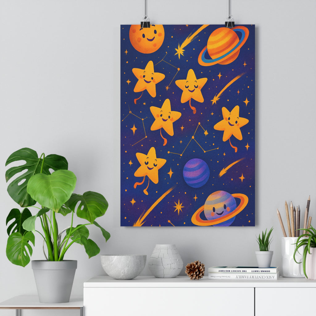 Poster décoratif dessin animé bleu nuit orange joyeux enfant chambre ludique chaleureux 30x46 cm