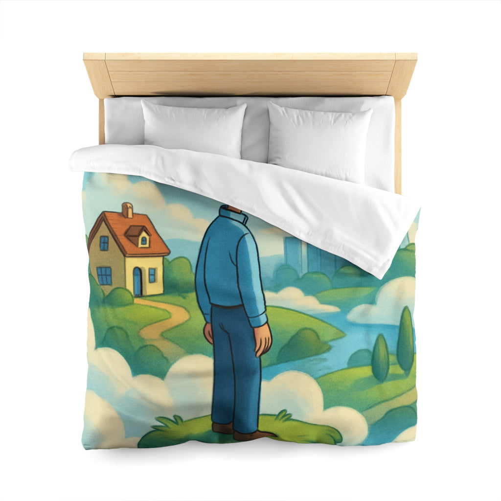 Illustration de rêve serein de paysage flottant avec personnage et ville éloignée