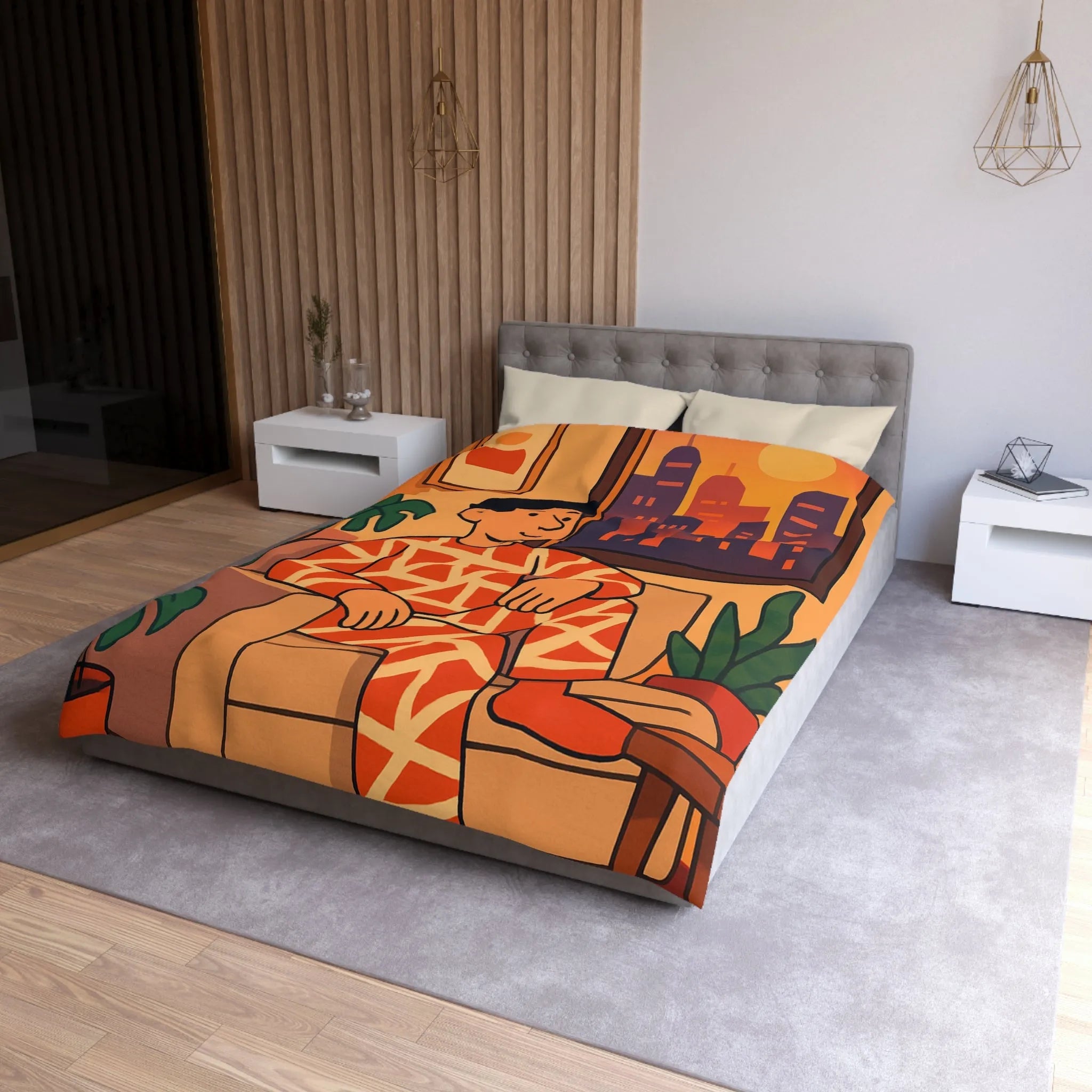 Housse de couette aux motifs géométriques avec scène de coucher de soleil en ville