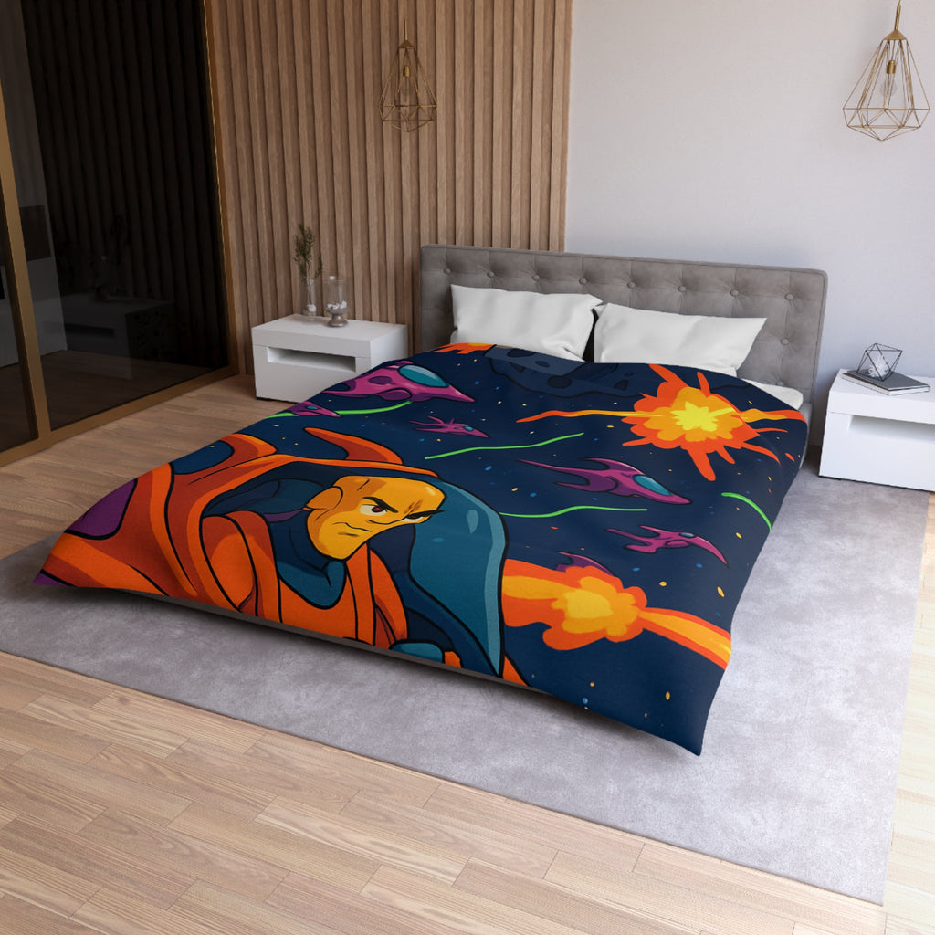 Housse de couette style rétro avec vaisseaux spatiaux et astéroïdes en explosion