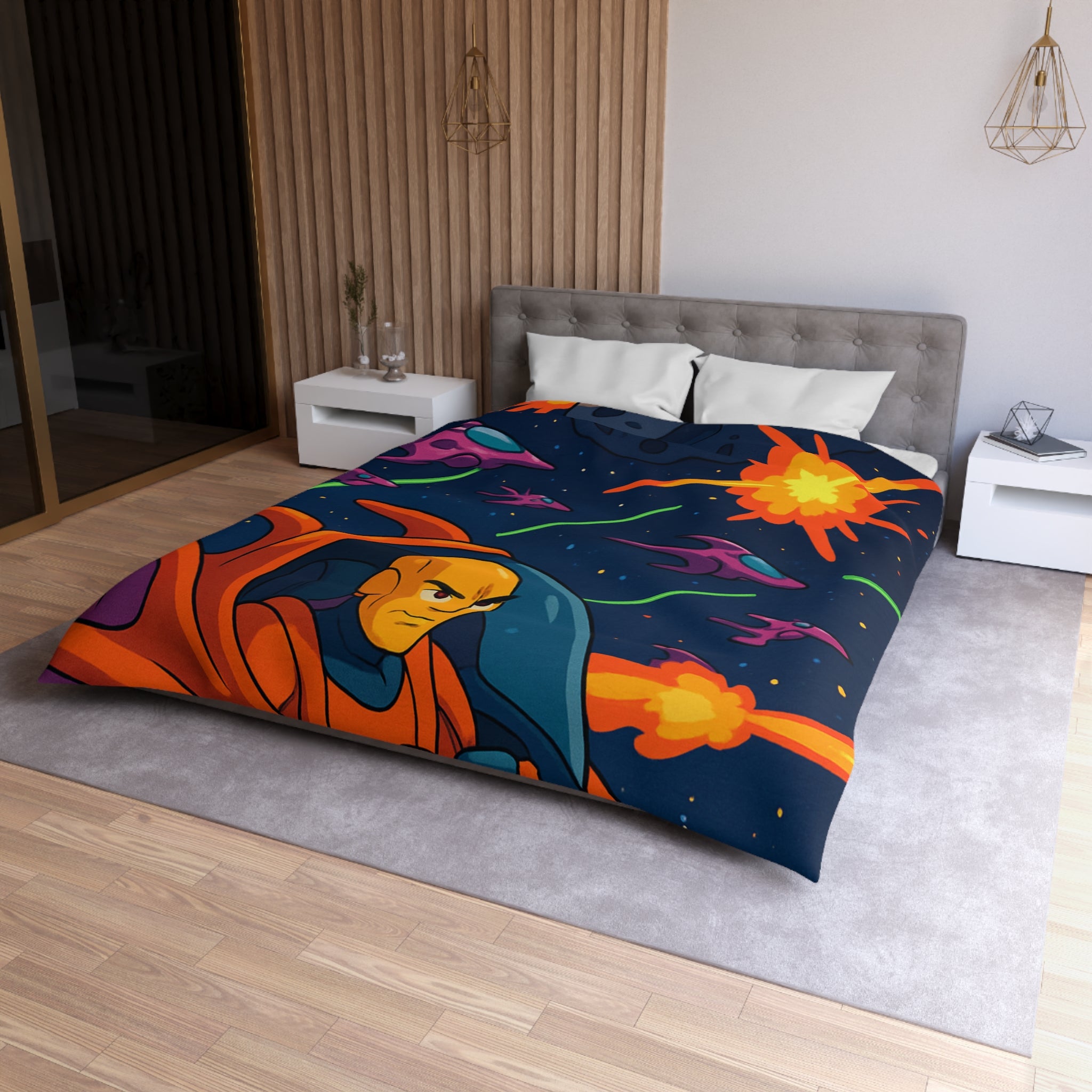 Housse de couette style rétro avec vaisseaux spatiaux et astéroïdes en explosion