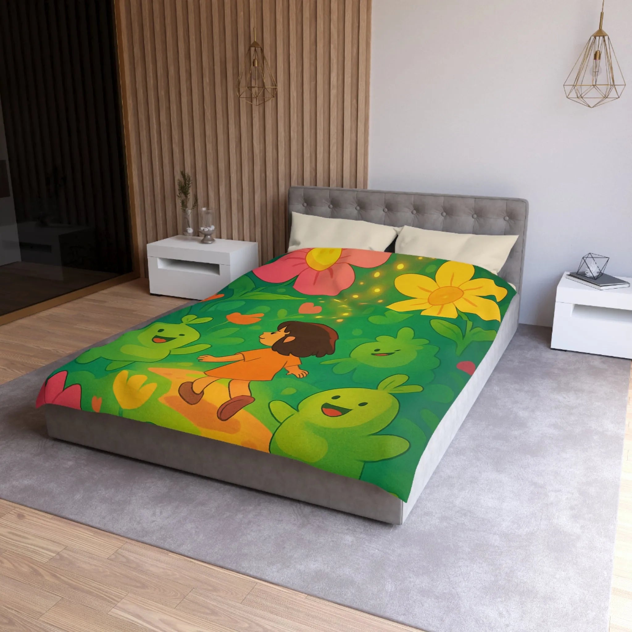 Housse de couette enfant avec fleurs colorées et créatures joyeuses dans forêt magique