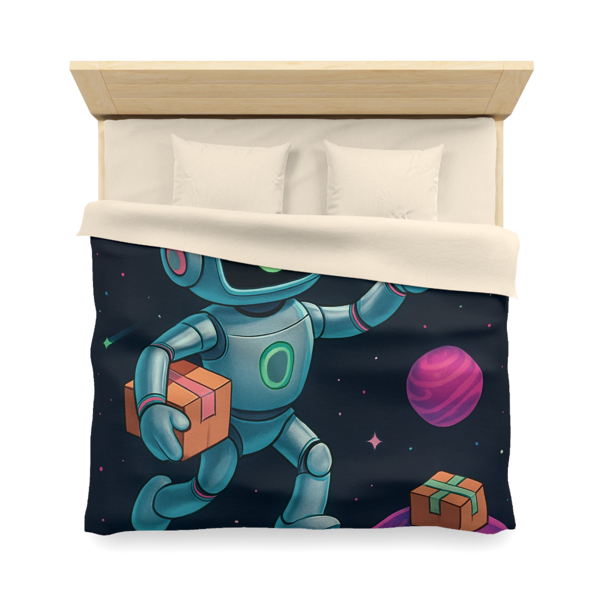 Housse de Couette Spatiale avec Robot Jovial et Planètes Colorées pour Enfants