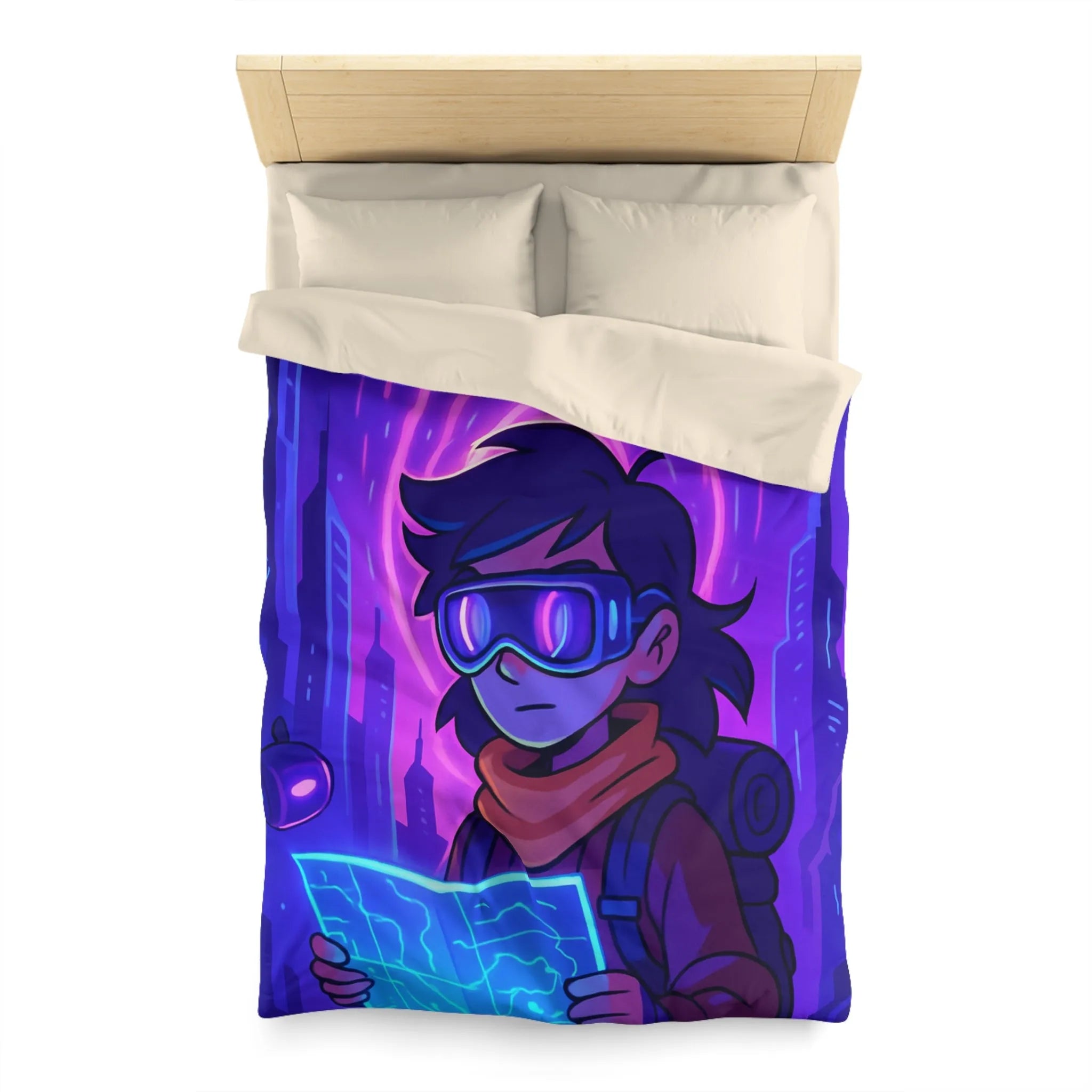 Housse de couette bleue violette style futuriste avec personnage et carte néon