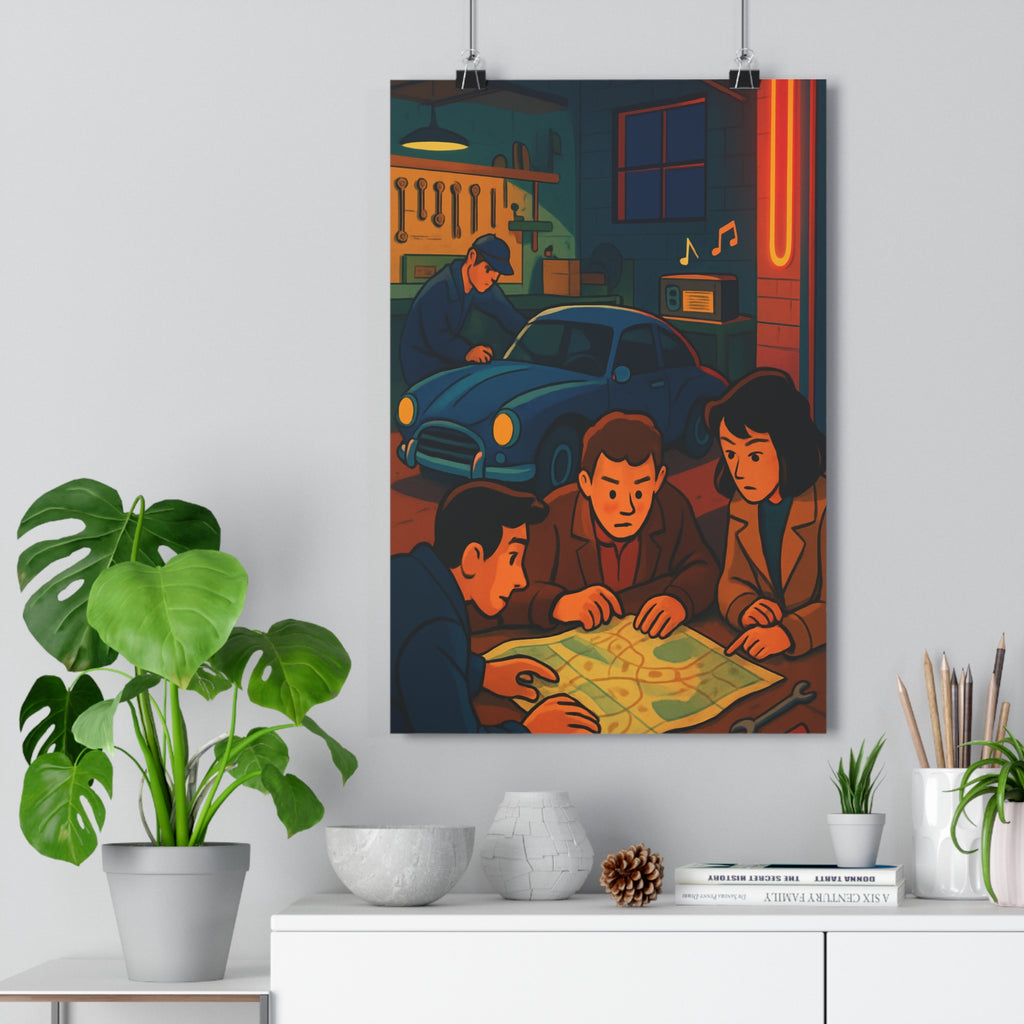 Poster décoratif garage vibrant rouge jaune moderne industriel salon bureau design unique rétro animé