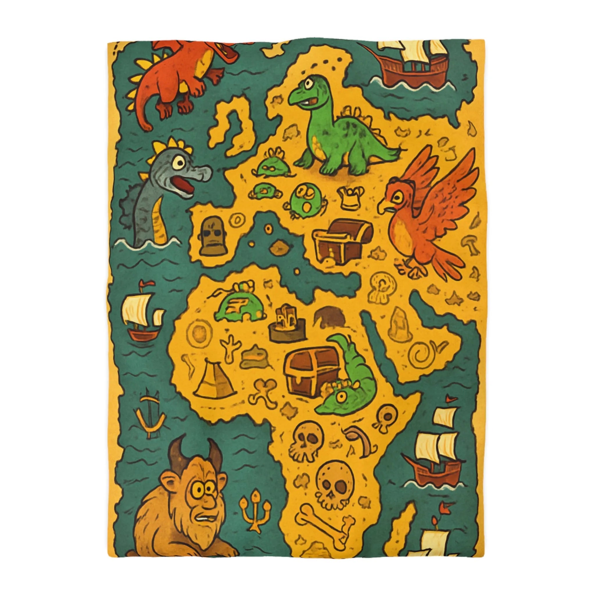 Housse de couette carte imaginaire avec dragons, dinosaures et trésors pour enfants aventuriers