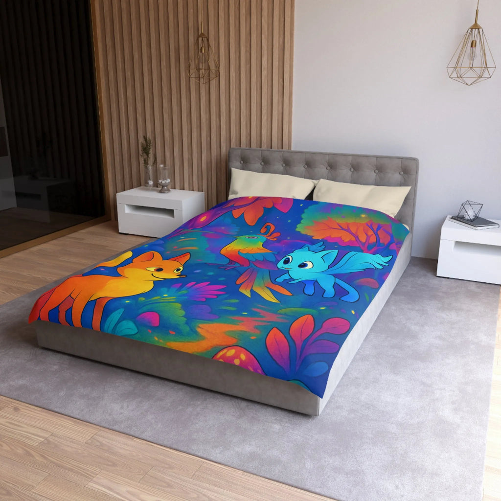 Housse de couette colorée avec animaux fantastiques dans une forêt magique nocturne